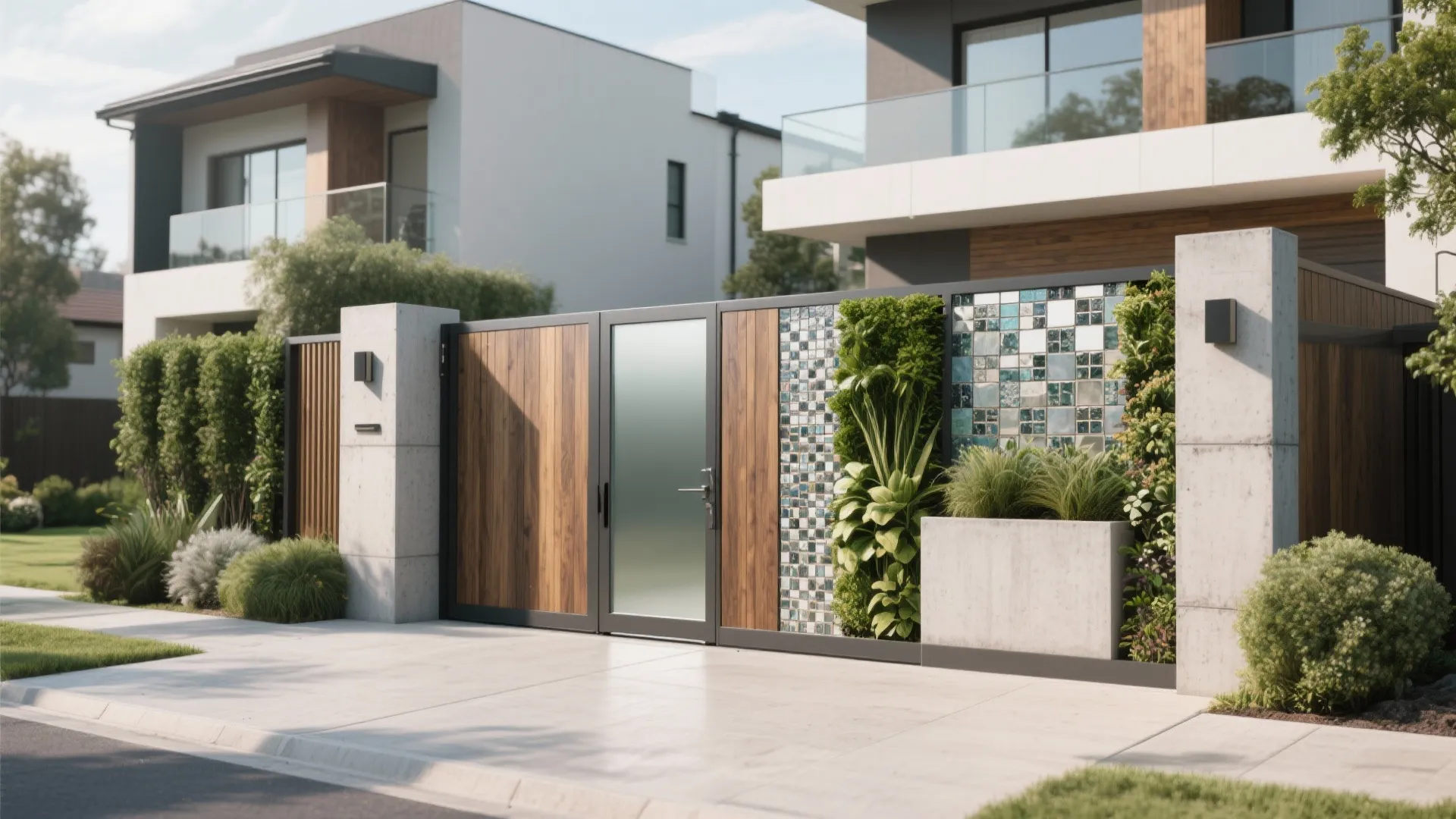 Modern exterior wall with wood panels green plants glass tiles and a frosted glass door
