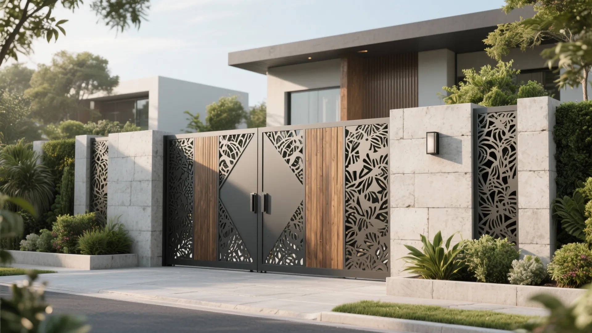 Modern black metal gate with wood panels and decorative leaf patterns next to stone walls
