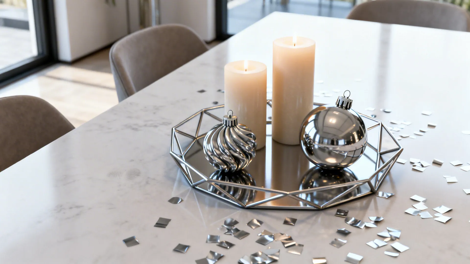 Modern geometric metal trays with sculptural baubles and pillar candles on an open-plan table