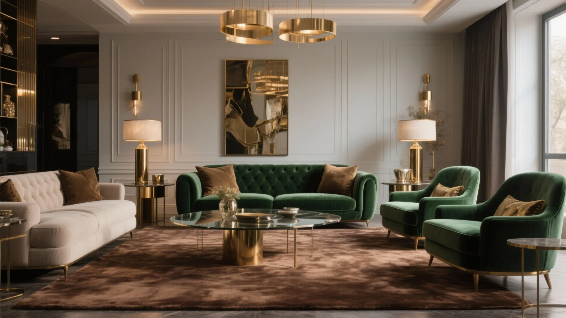 Modern glam living room with brown carpet and velvet chairs