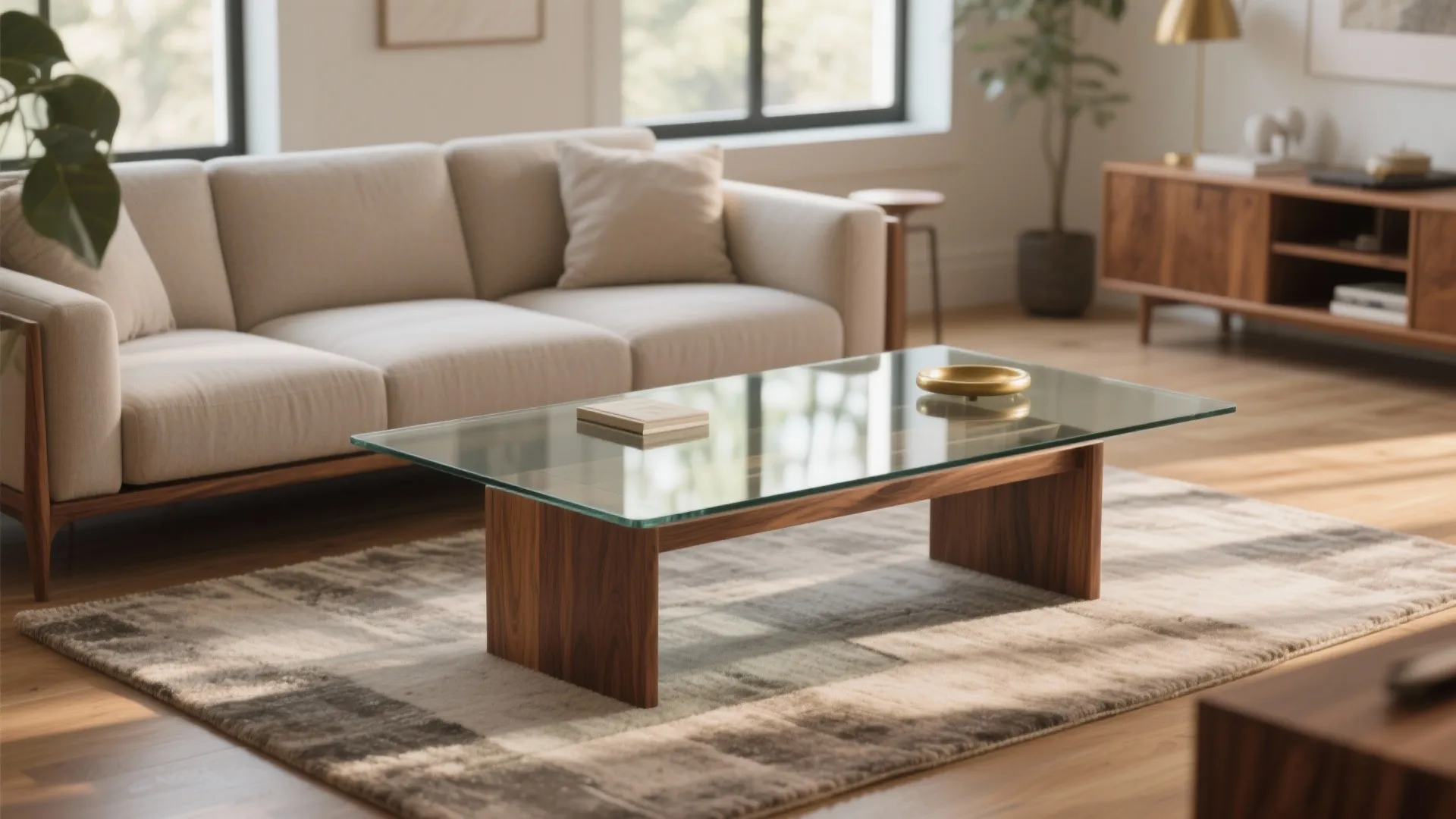 Modern living room featuring glass coffee table, beige sofa, wooden cabinet, rug, and natural sunlight