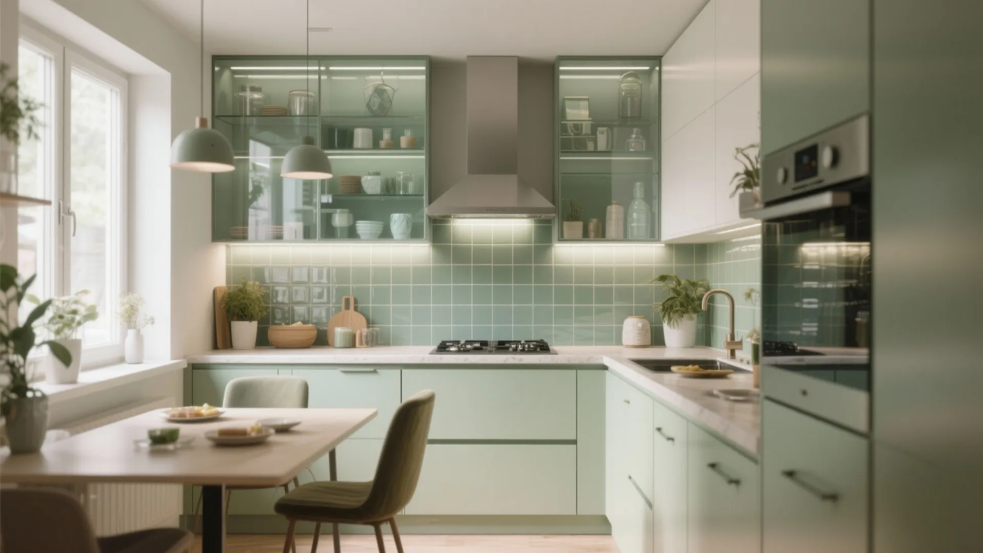 Modern green kitchen with glass wall cabinets, tiled backsplash, stove, range hood, and dining table