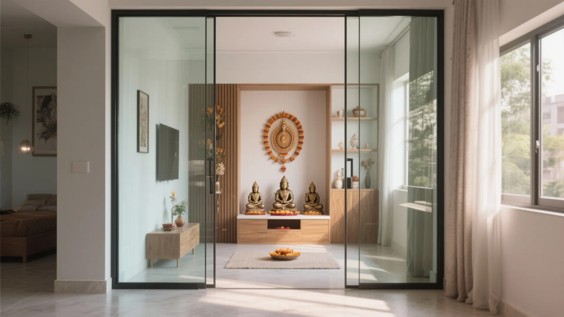 Modern prayer room with glass sliding doors featuring three gold statues and white wall design