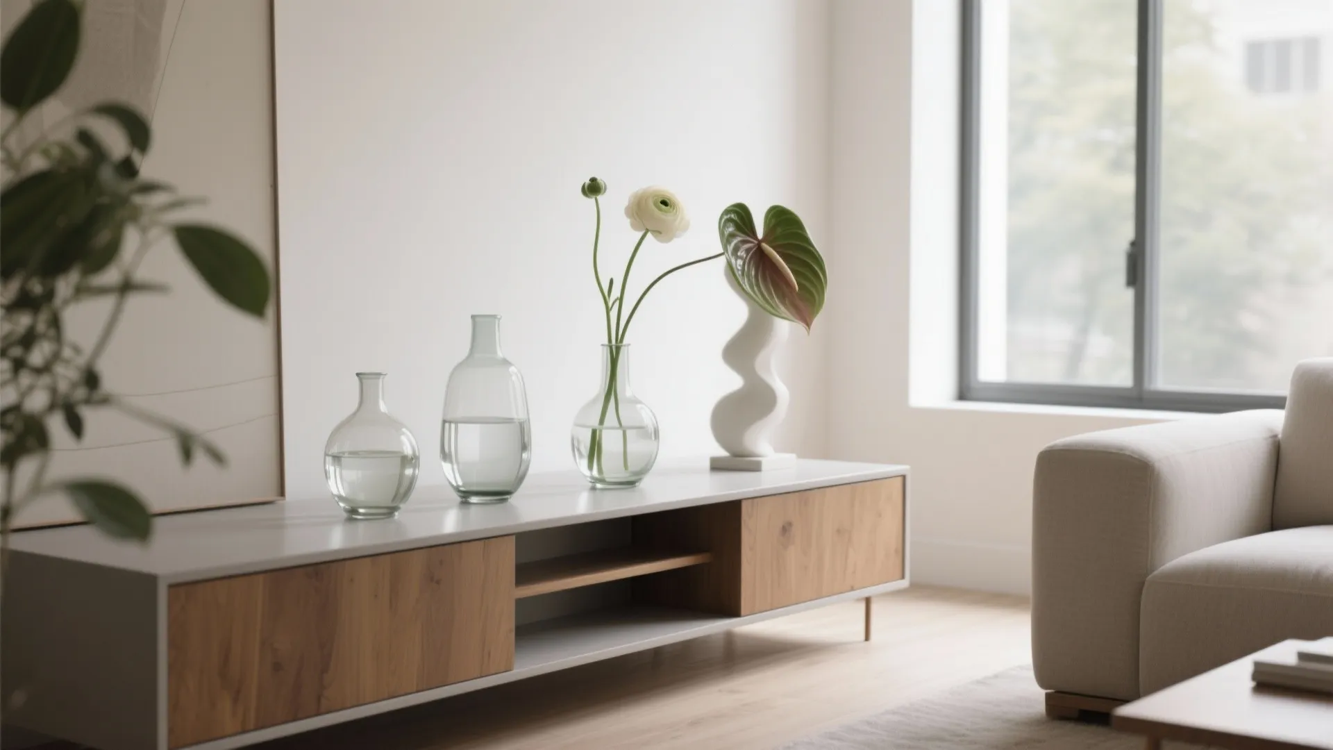 Modern living room showing three glass vases with flowers on a wooden and white cabinet