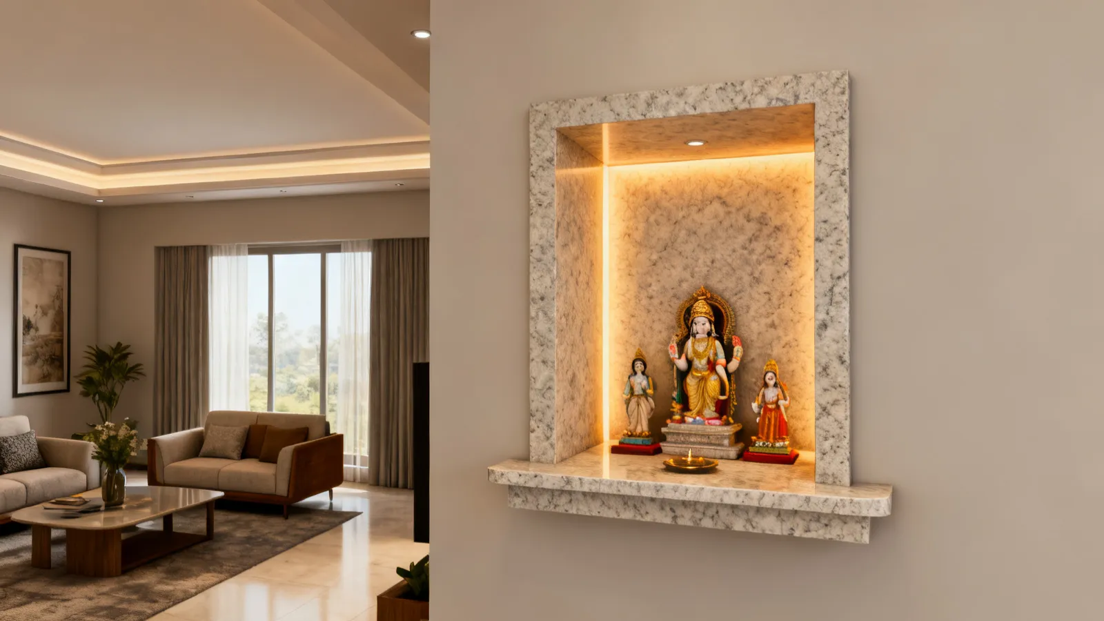 modern granite pooja mandir integrated into a living room wall niche