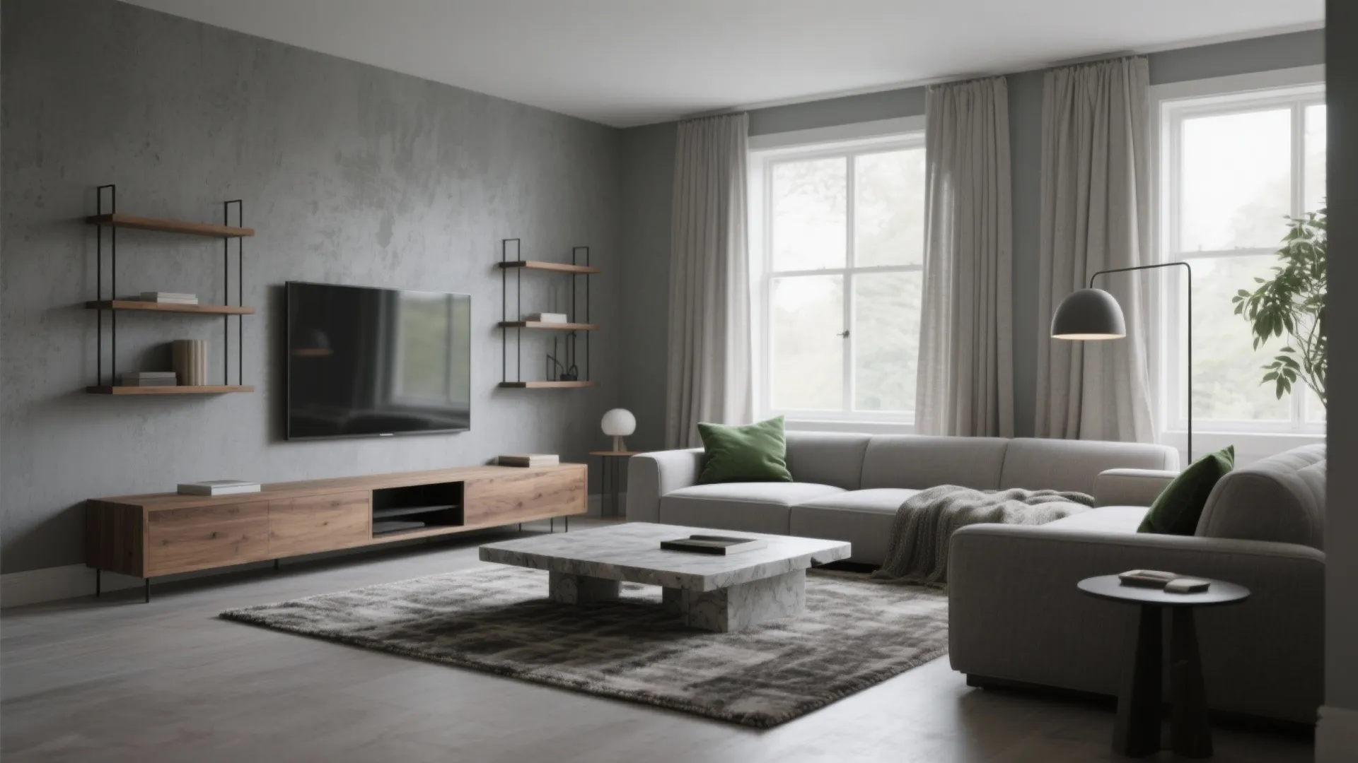 Modern grey living room with wooden cabinet tv wall shelves large sofa and marble table