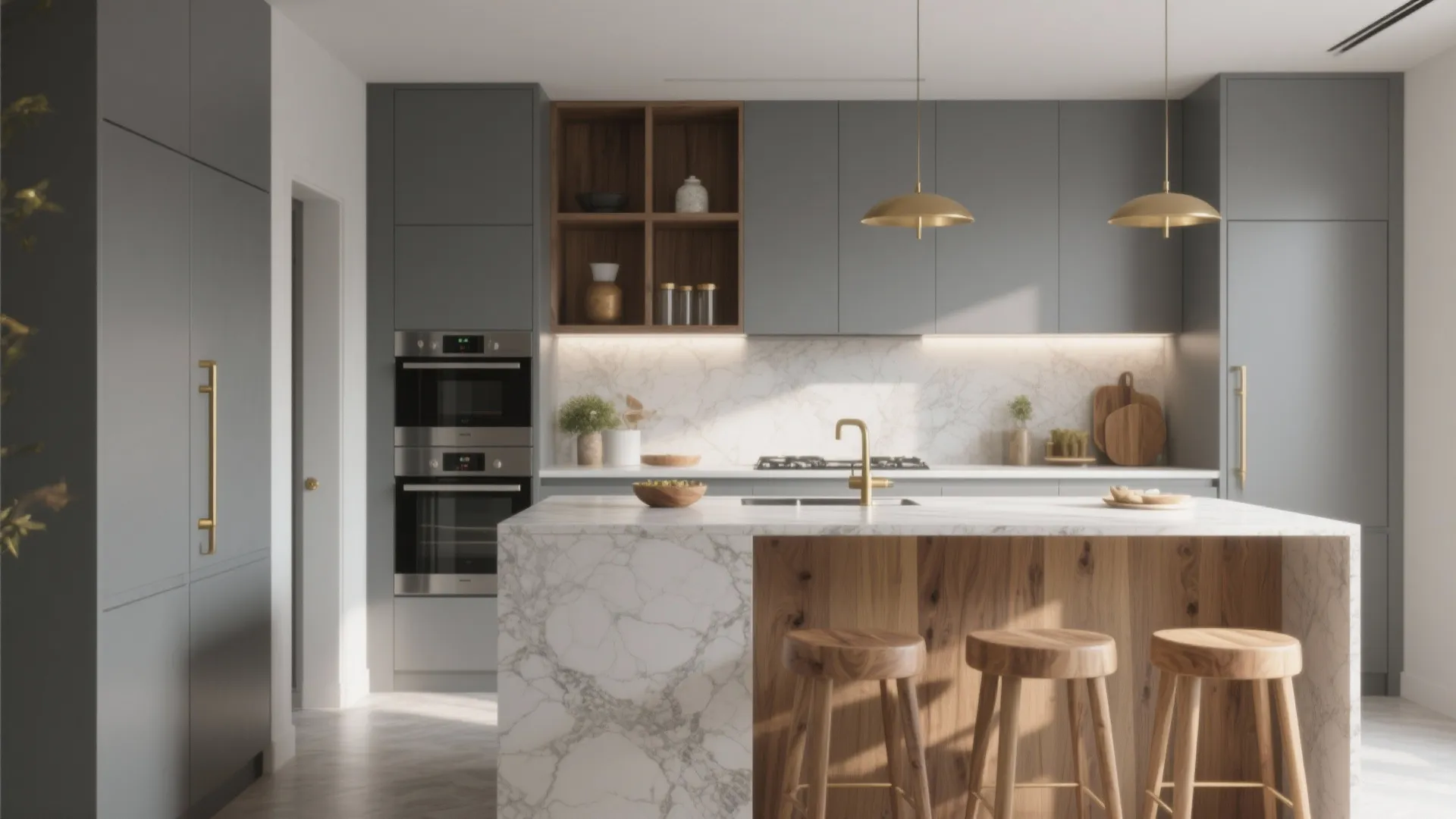 Modern kitchen with grey cabinets marble island wooden bar stools gold ceiling lights and oven