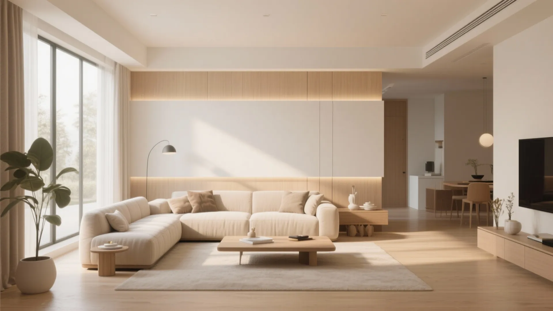 Modern living room with cream sofa, wood wall panel, large window, and wood coffee table