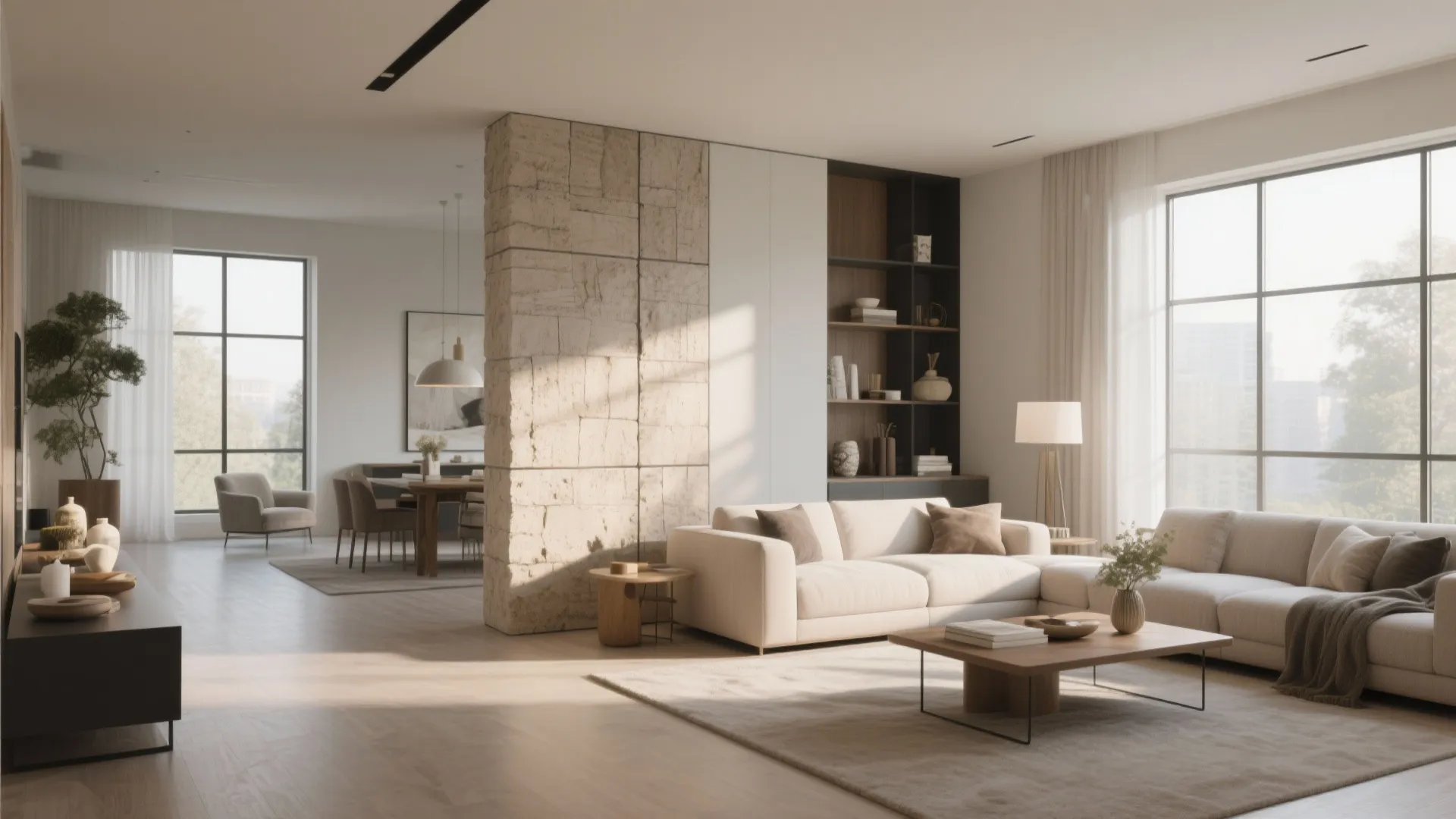 Modern open living room with cream sofa wood coffee table stone wall panel and natural light