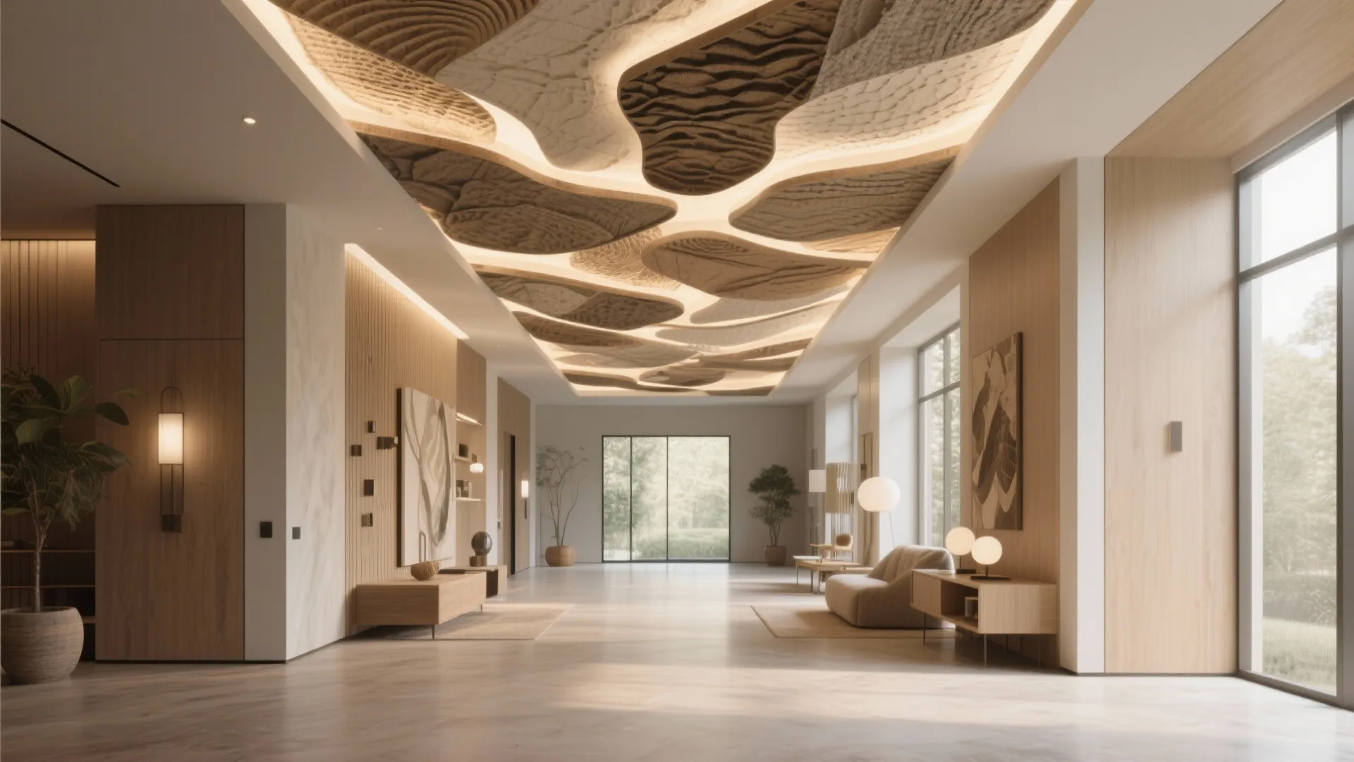 Spacious interior hall featuring a wavy textured ceiling light wood walls sofa and large windows