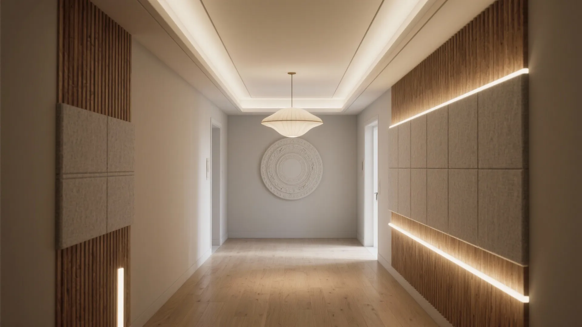 Modern hallway with wood wall panels plus white ceiling light and round wall decoration on wall