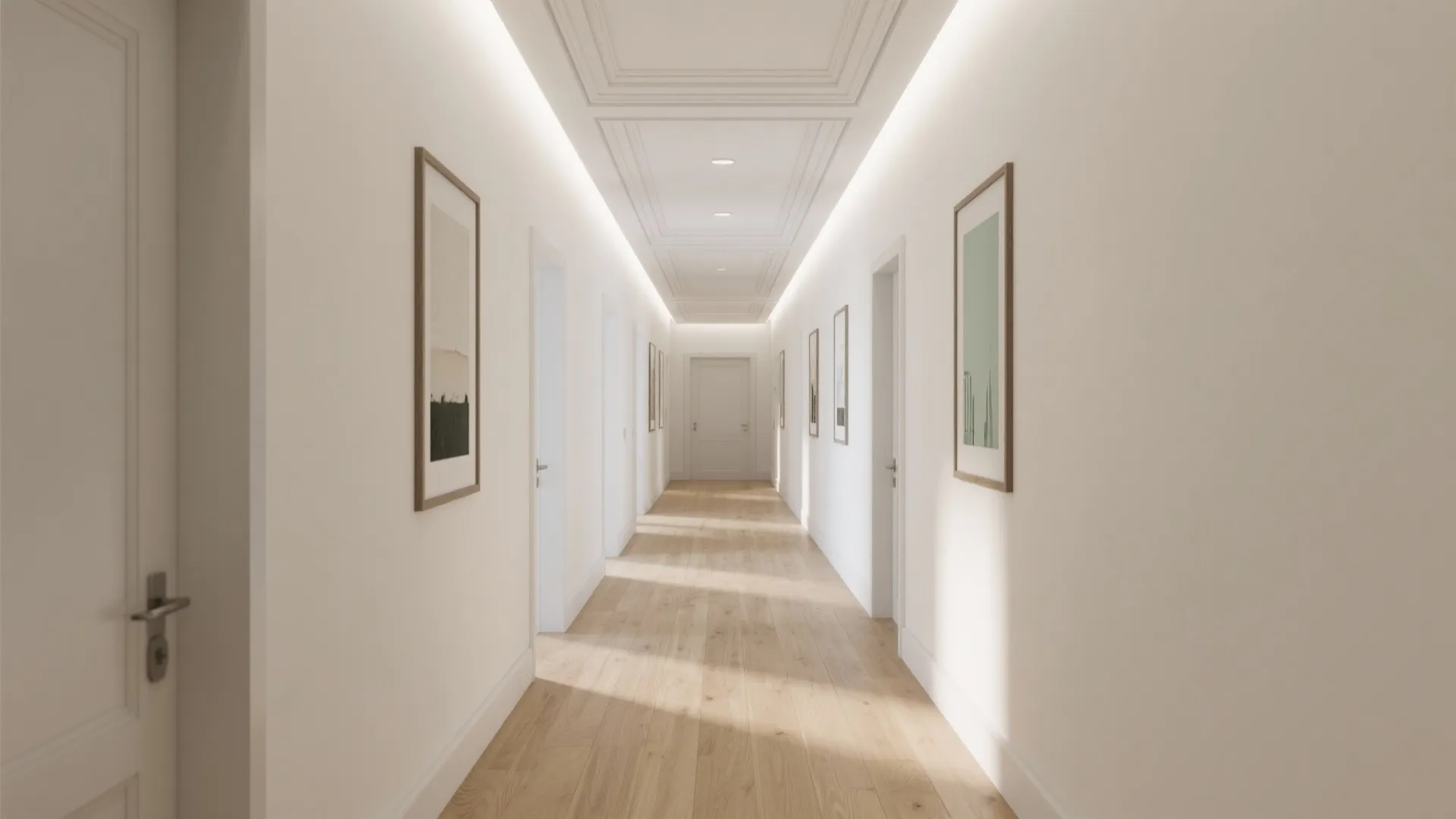 Long white hallway with wooden floors wall art light fixtures and a recessed tray ceiling