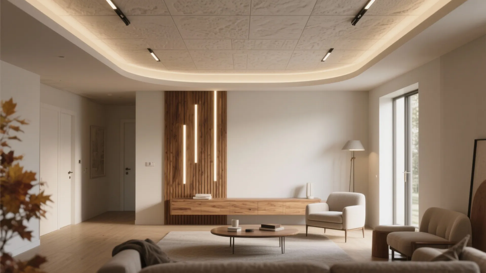 Modern living room featuring a recessed ceiling light wood wall panel cabinet and comfortable chairs