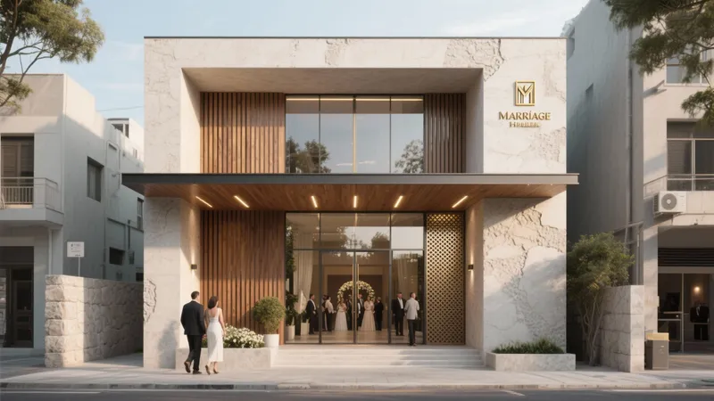 Modern Wedding Venue Facade with Marble & Wood Accents