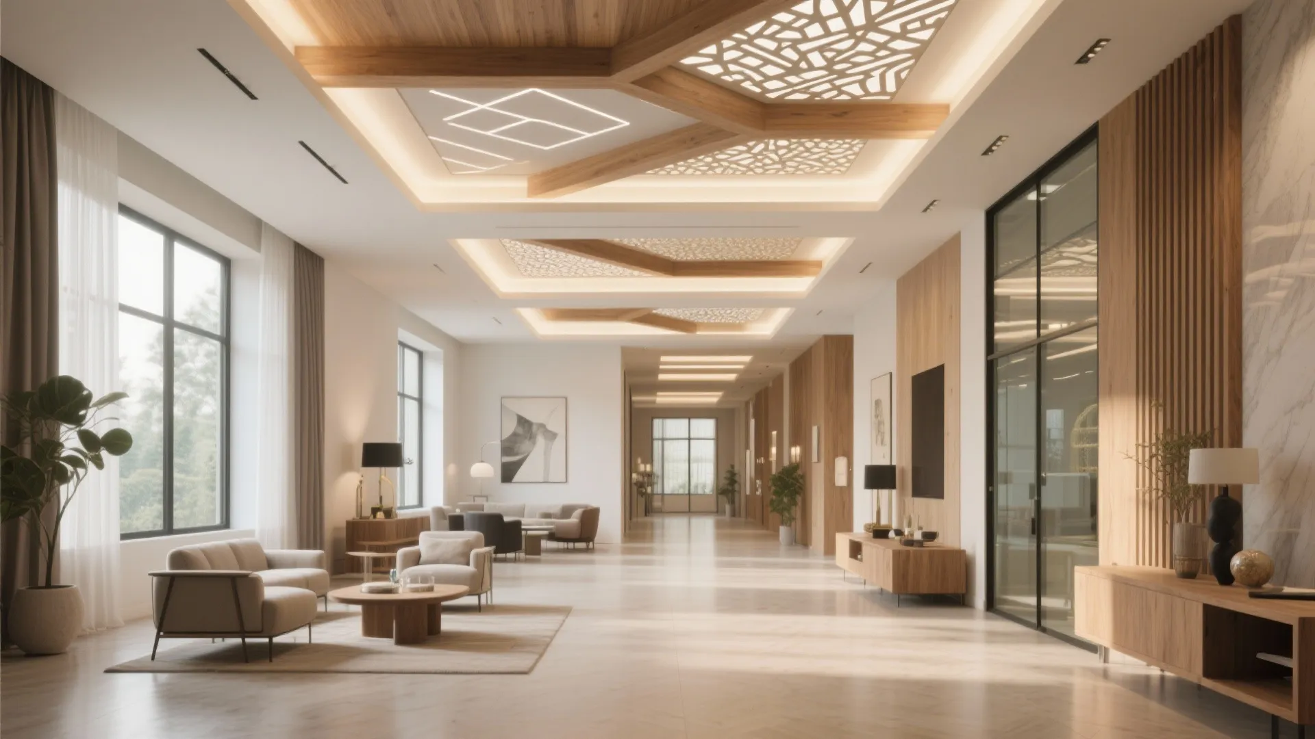 Modern hotel lobby interior with wood panel ceiling light fixtures plus comfortable sofa and lounge seating