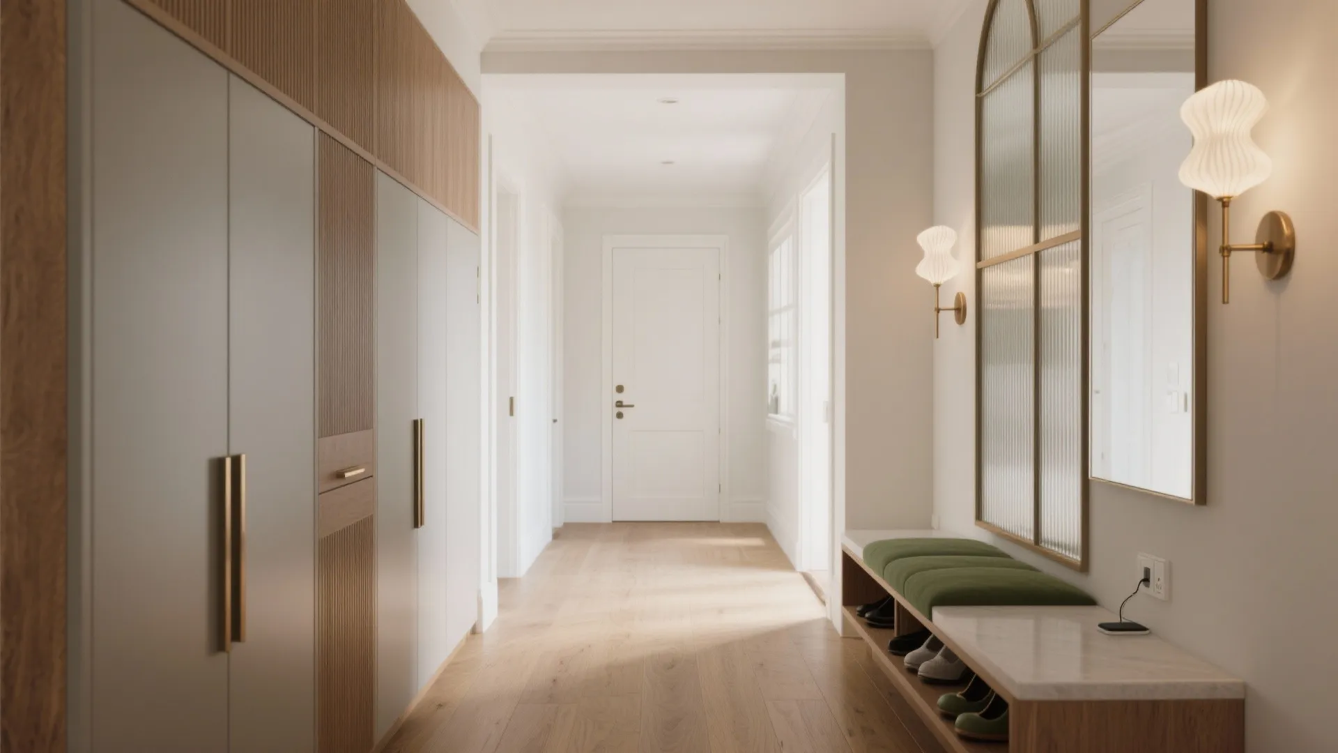 Modern hallway with tall storage cabinets, green cushioned bench, wall lights, and light wood flooring