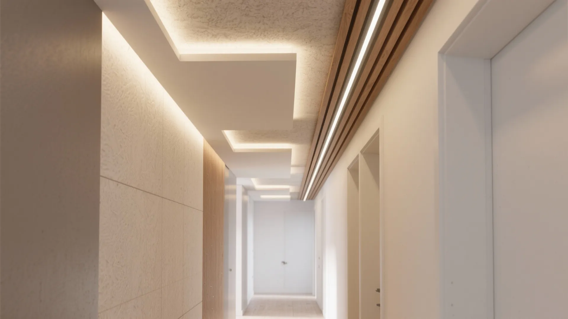 Modern white hallway interior design with wooden ceiling panels and warm hidden light fixture strips
