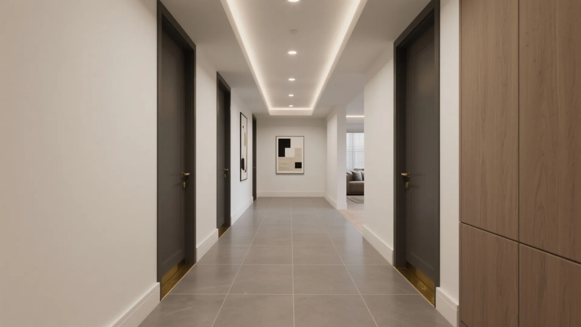 Modern hallway with grey floor tiles white walls dark wood doors and hidden ceiling lights
