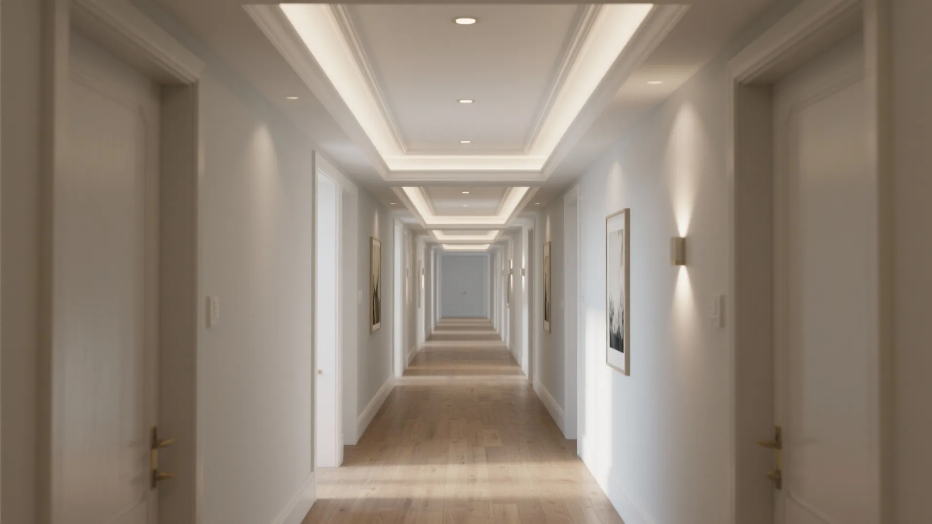 Long bright hallway featuring white walls with wall lights and pictures above the wooden floor