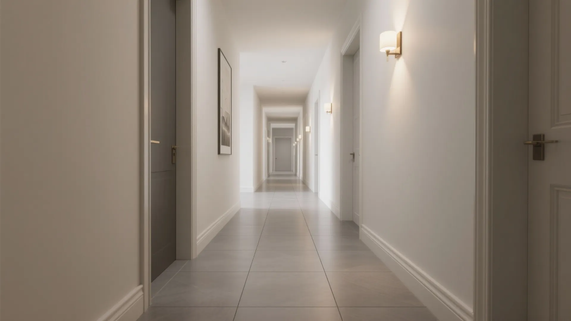 Modern long hallway with white walls grey floor tiles multiple doors and warm wall lights