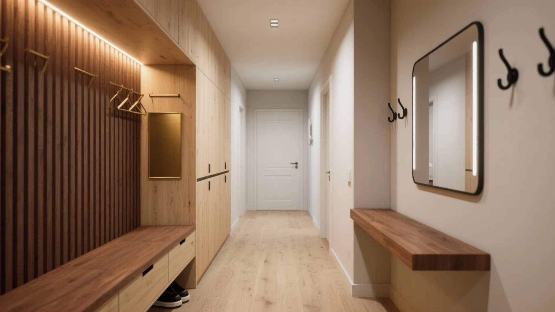 Bright hallway with wood wall panel seating bench mirror and long storage cabinets for home organization