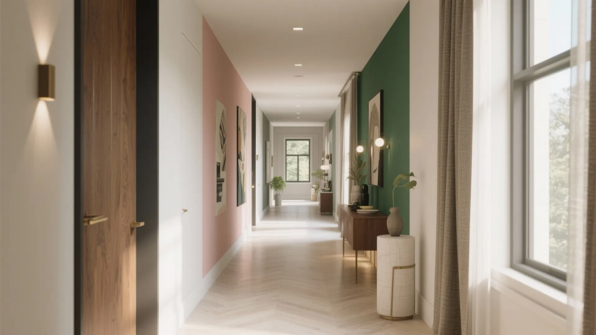 Modern hallway with colorful pink and green walls, wood flooring, art pieces, and ceiling lights