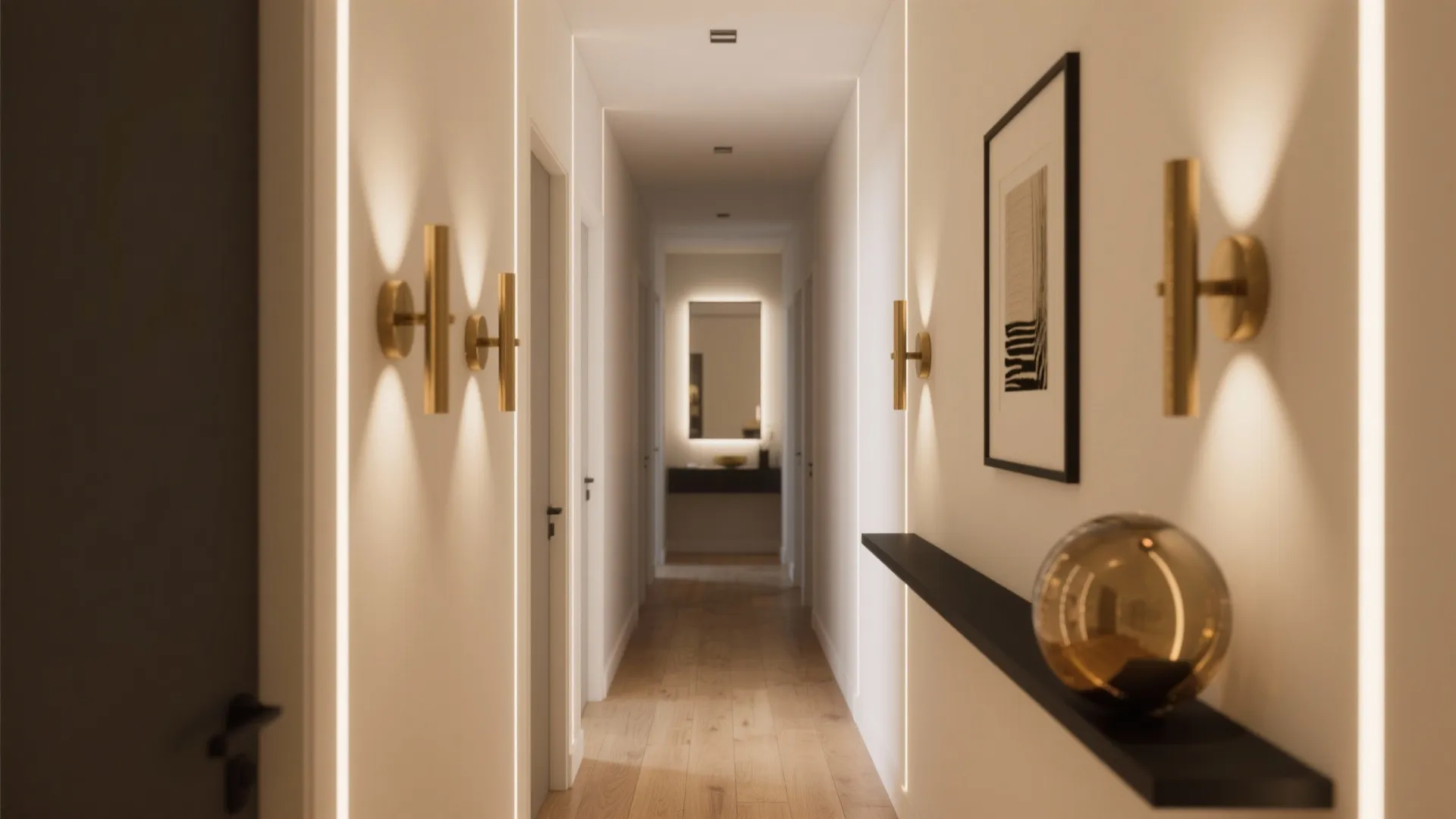 Modern hallway with white walls wooden floor gold wall lights black shelf and a framed picture