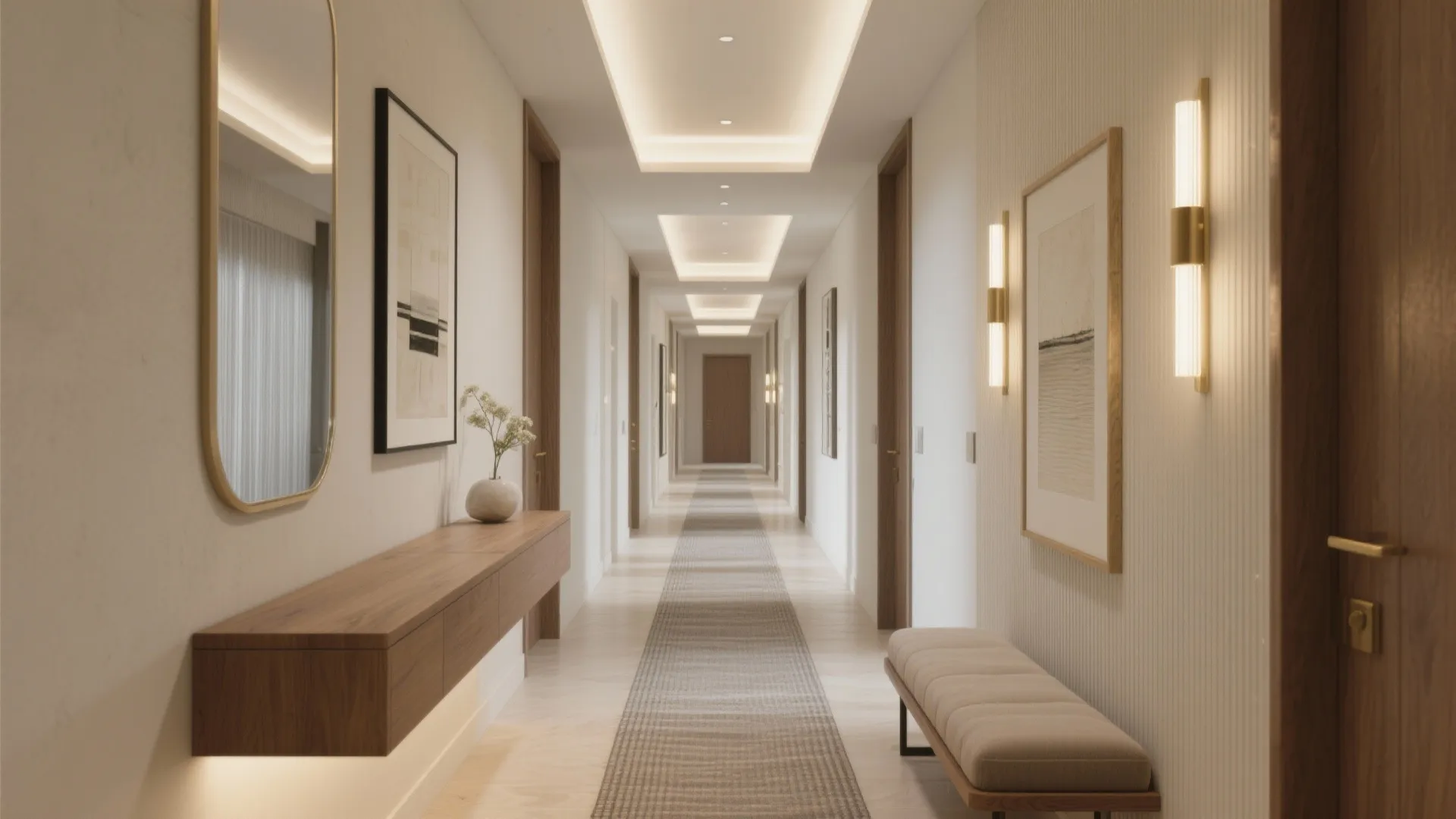 Modern hallway with wooden cabinet wall lights long rug framed art and soft white ceiling light