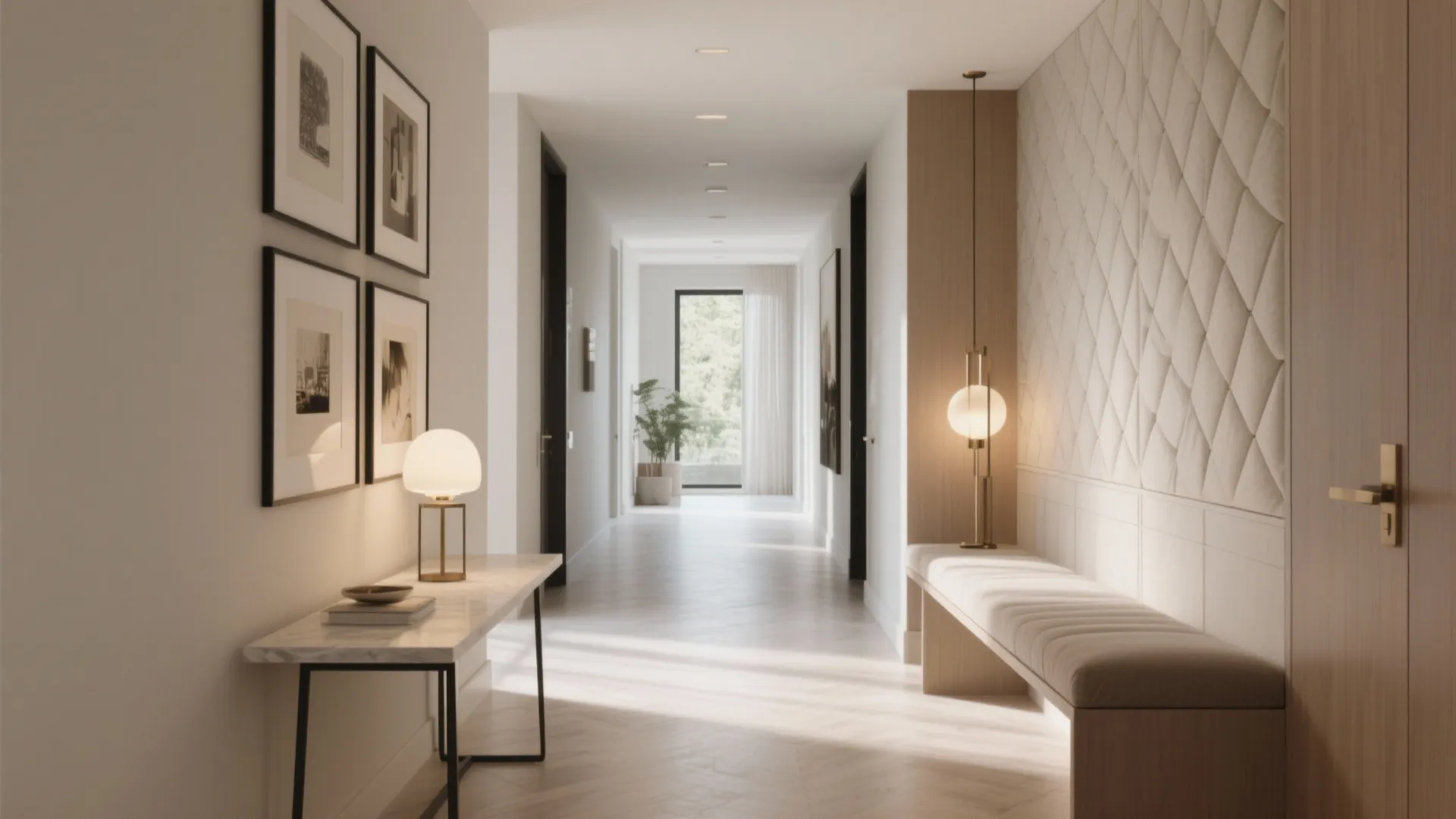 Modern bright hallway featuring a long bench wall light marble table and several framed pictures