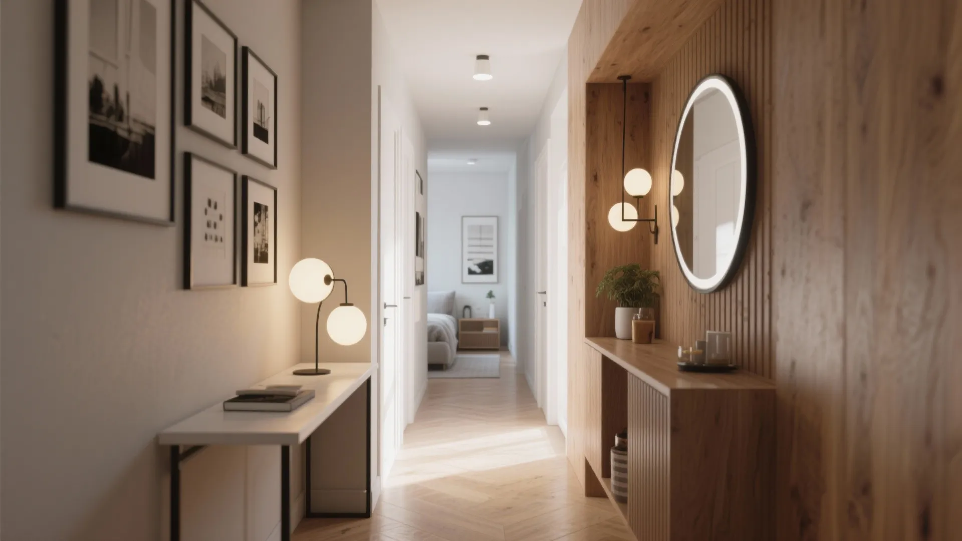 Modern hallway with wood wall panel, round mirror, light fixture, white table, and framed pictures