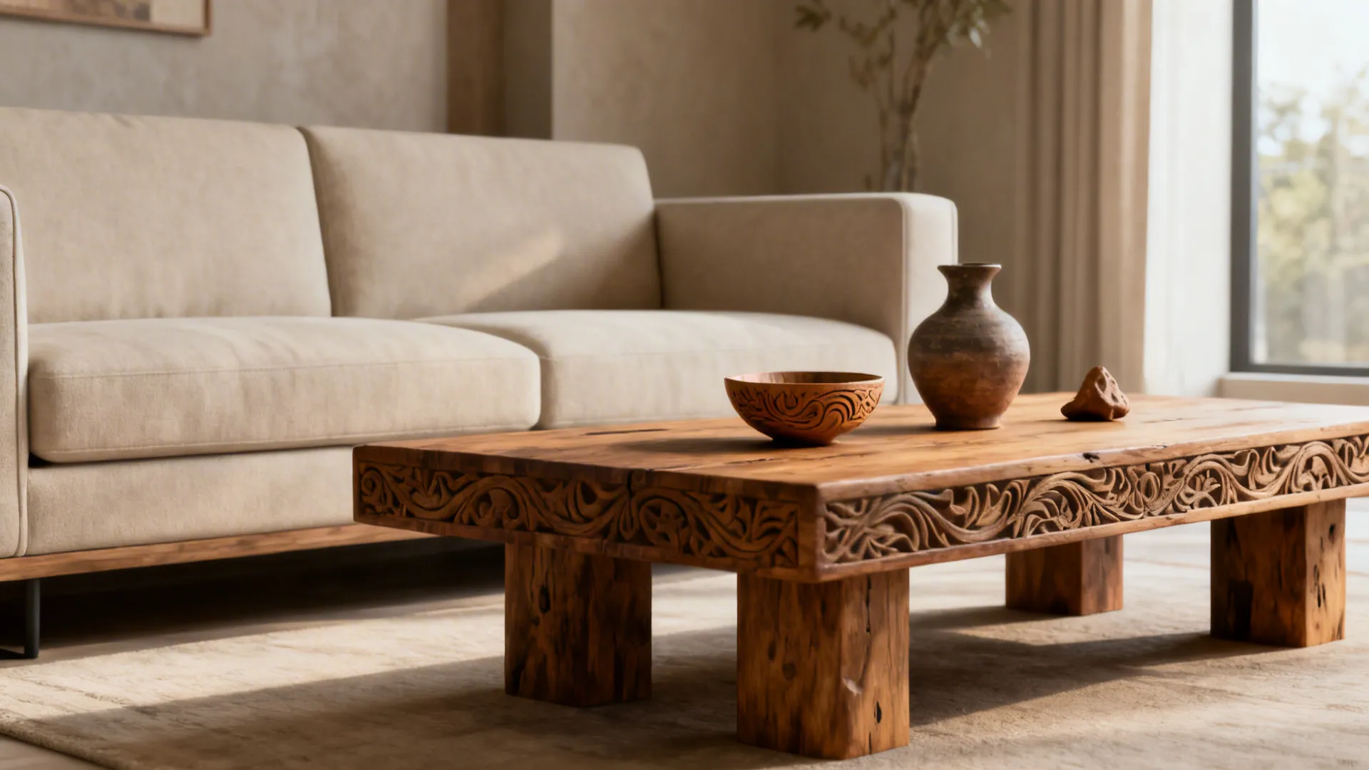 Modern living room featuring a carved wooden coffee table, ceramic vase, and beige fabric sofa