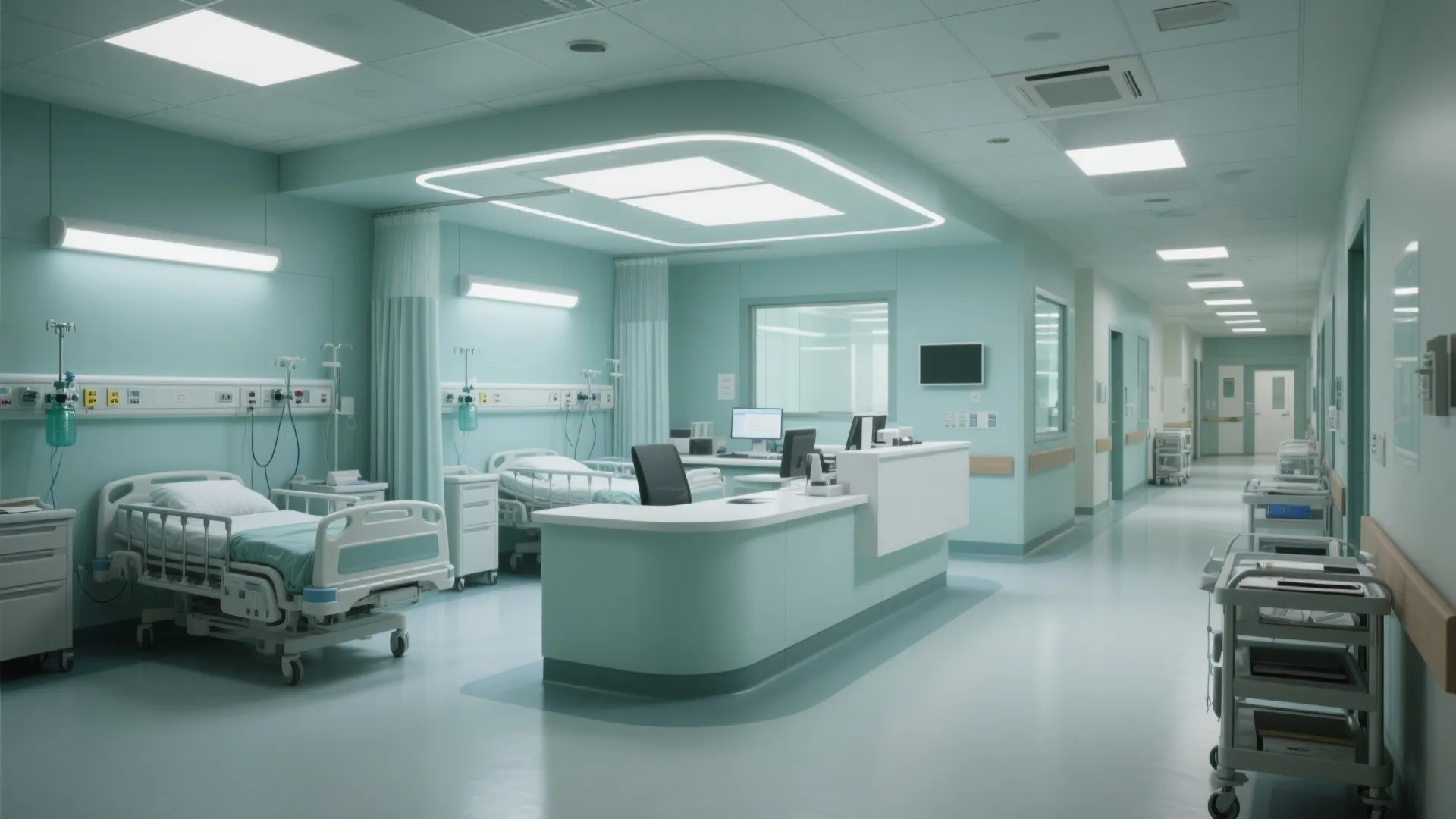 Modern hospital room layout with medical beds green walls nurse desk and bright ceiling light fixtures