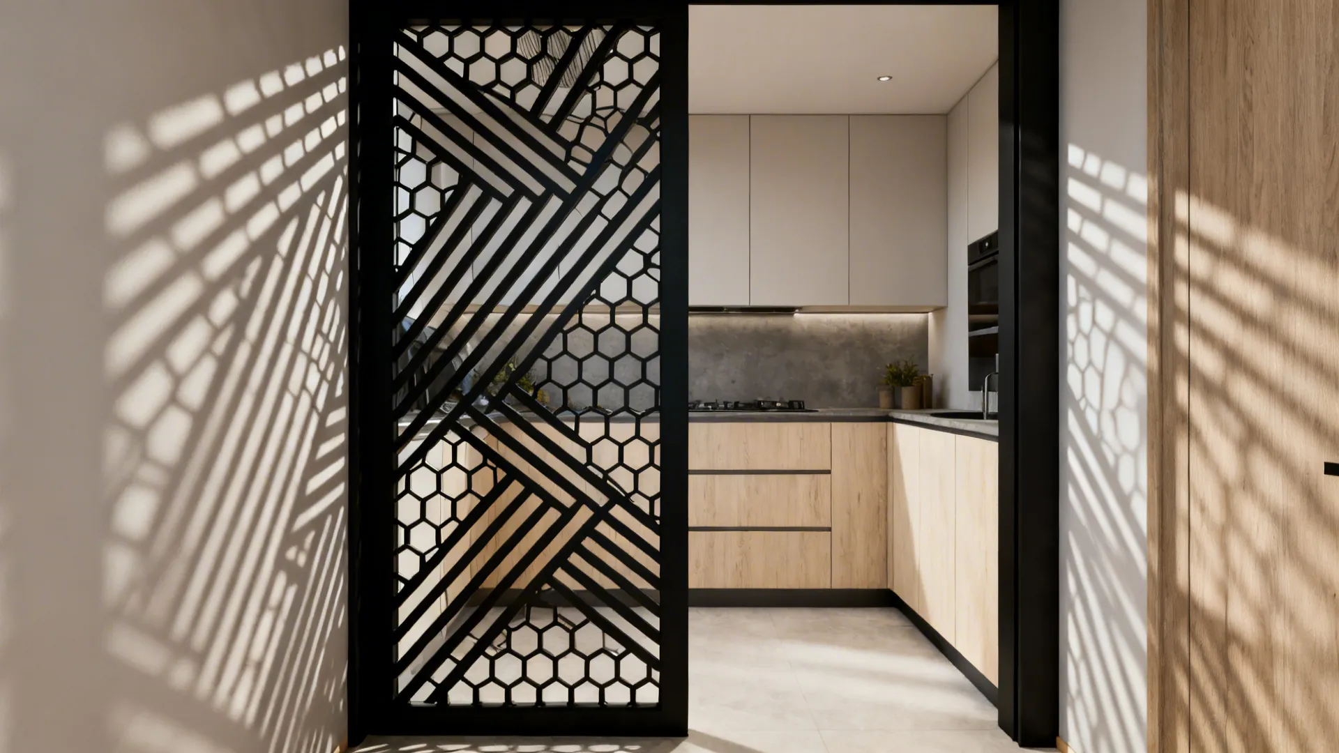 Matte black jali door with diagonal or hex pattern adds modern depth to a small kitchen.