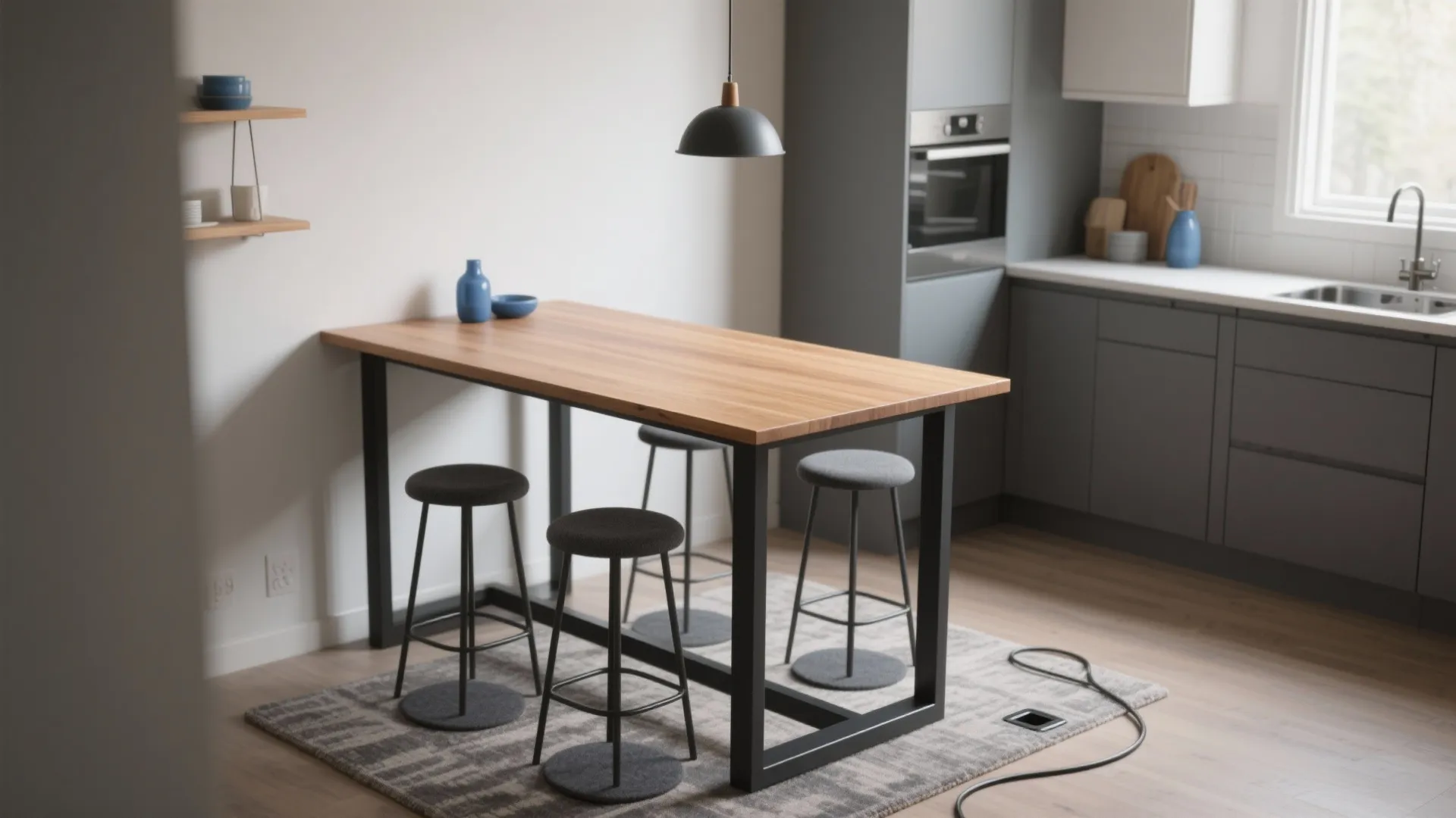 Modern wood high top table with four grey stools in a kitchen with grey cabinets