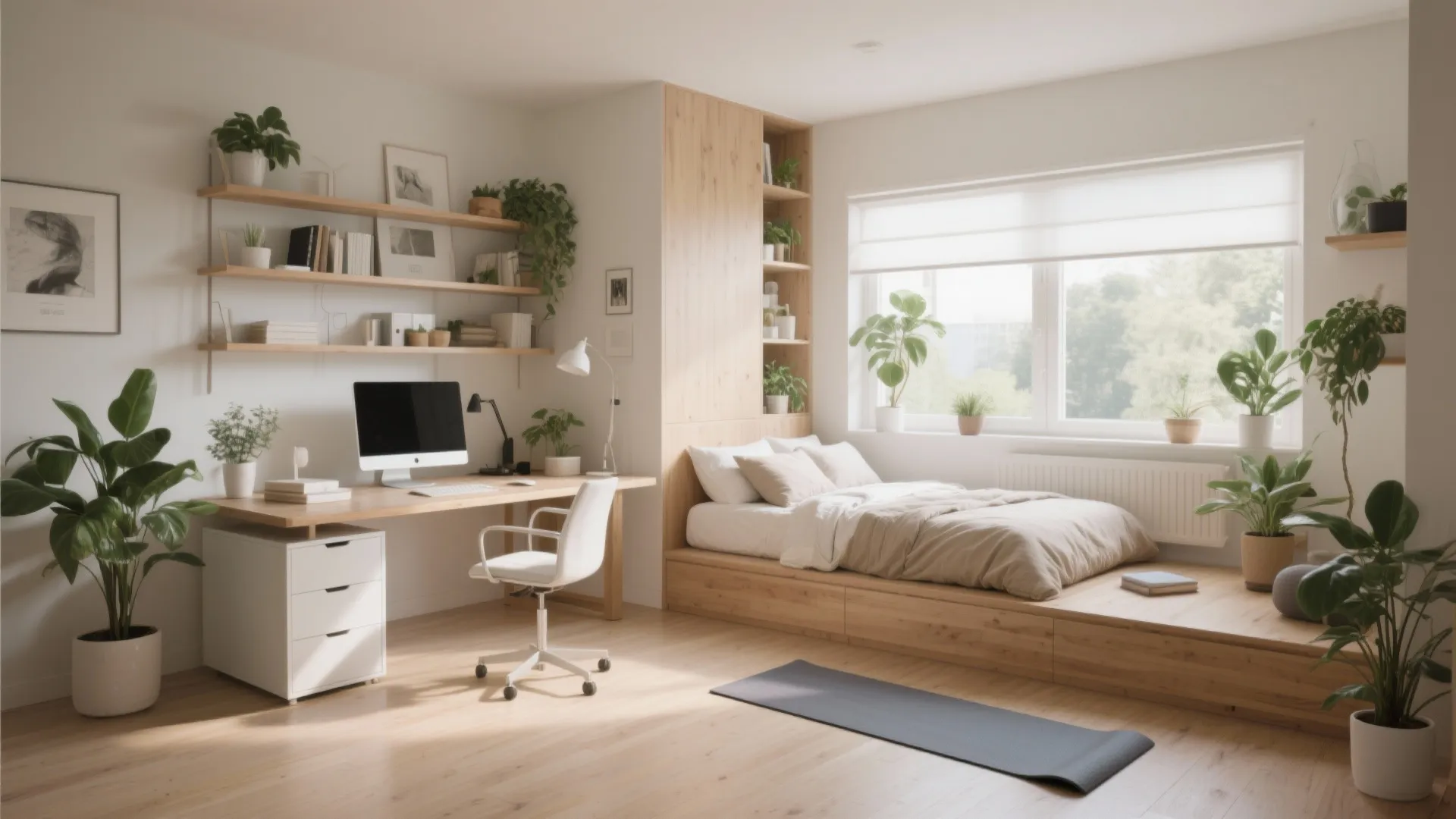 Modern home office bedroom combo featuring a wood desk white chair plants and platform bed