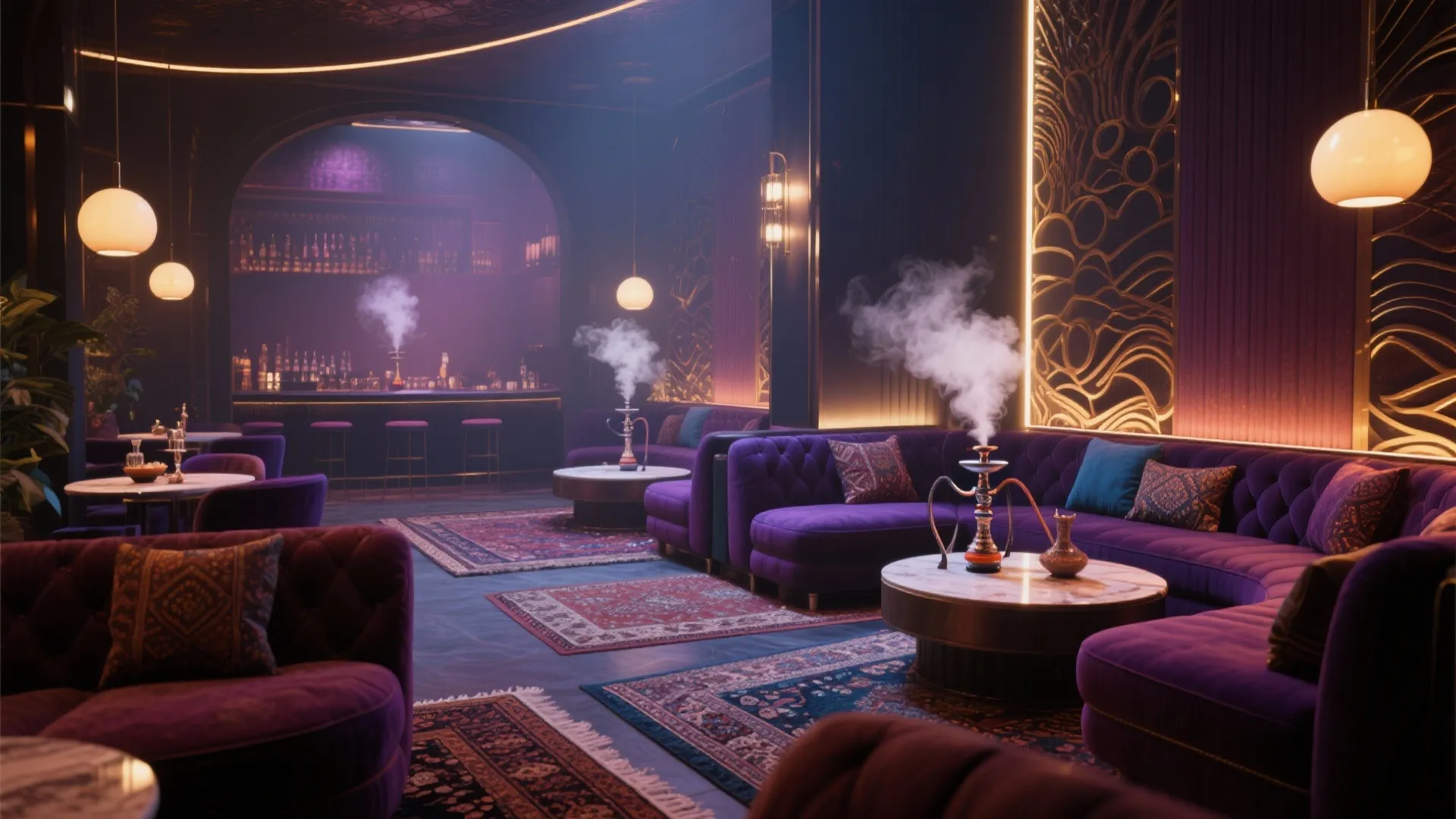 Modern purple lounge with velvet sofas patterned rugs round coffee tables bar area and glowing lights