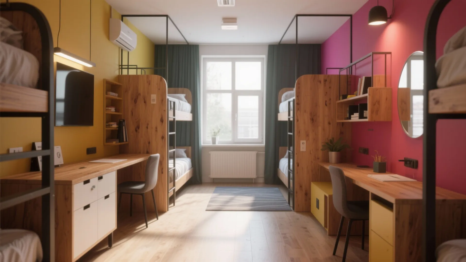 Bright room with yellow and pink walls wooden bunk beds study desks and a window