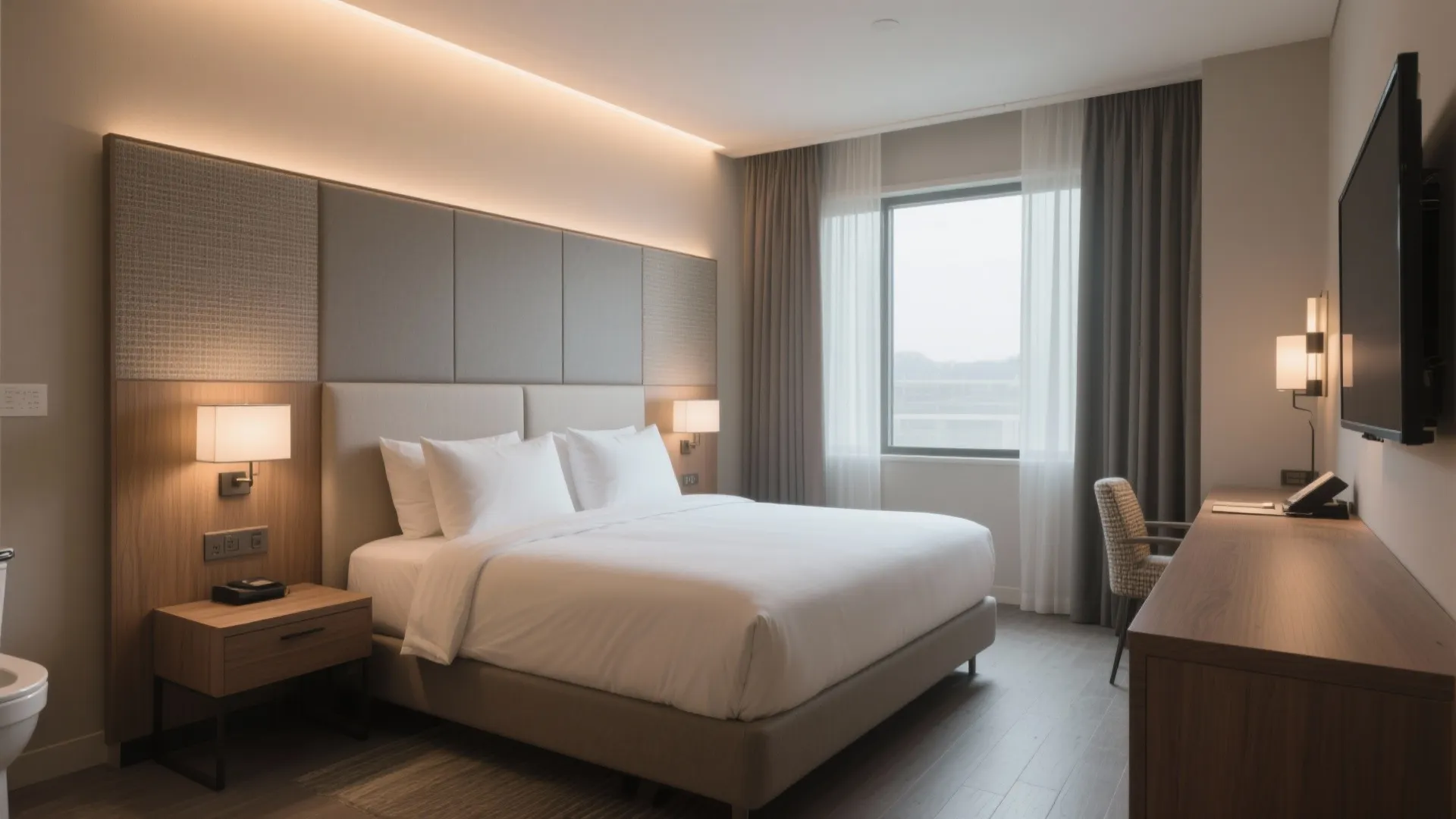 Modern hotel bedroom with white bed wooden desk large window wall lights and grey curtains