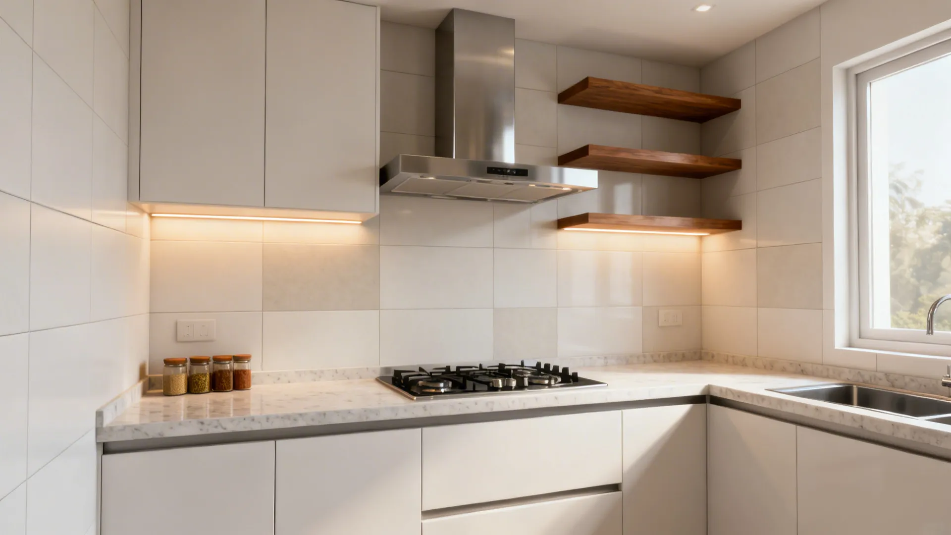 Modern white kitchen with marble countertop gas stove silver vent hood and three wooden shelves