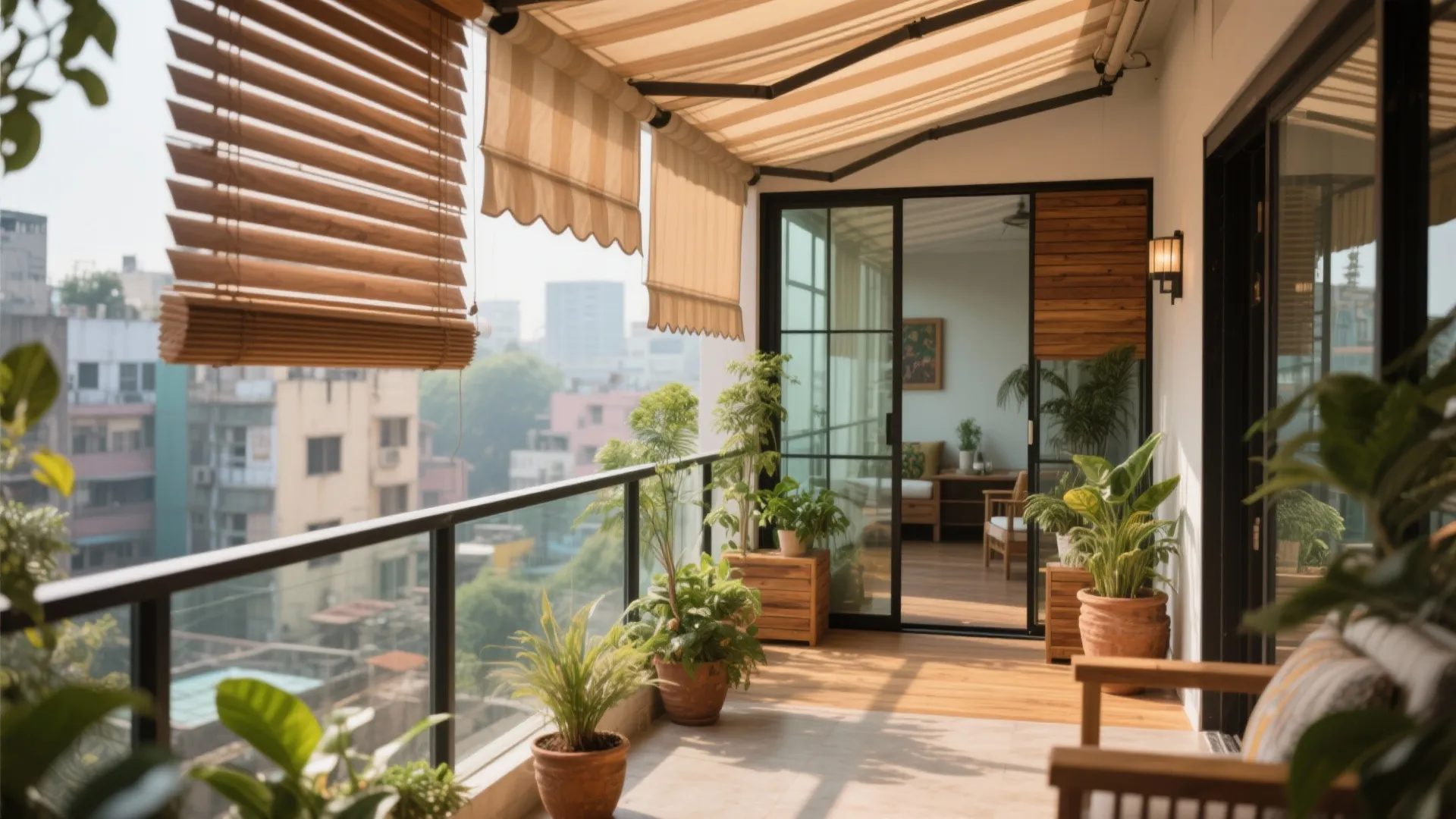 Modern balcony featuring wooden blinds striped awning green potted plants small wall light and city view