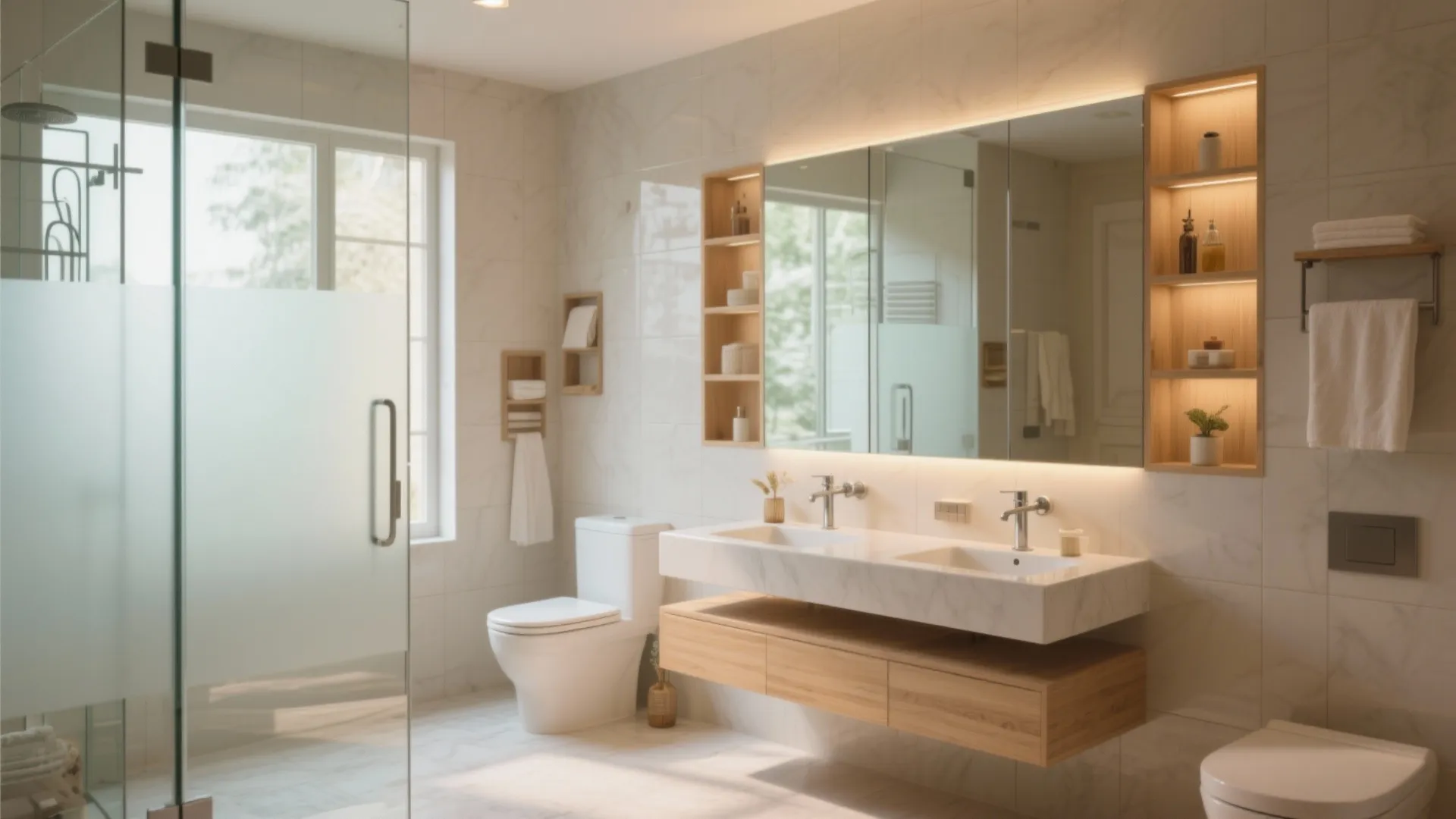 Modern bathroom with double sink vanity wooden cabinet large lighted mirror white toilet and glass shower