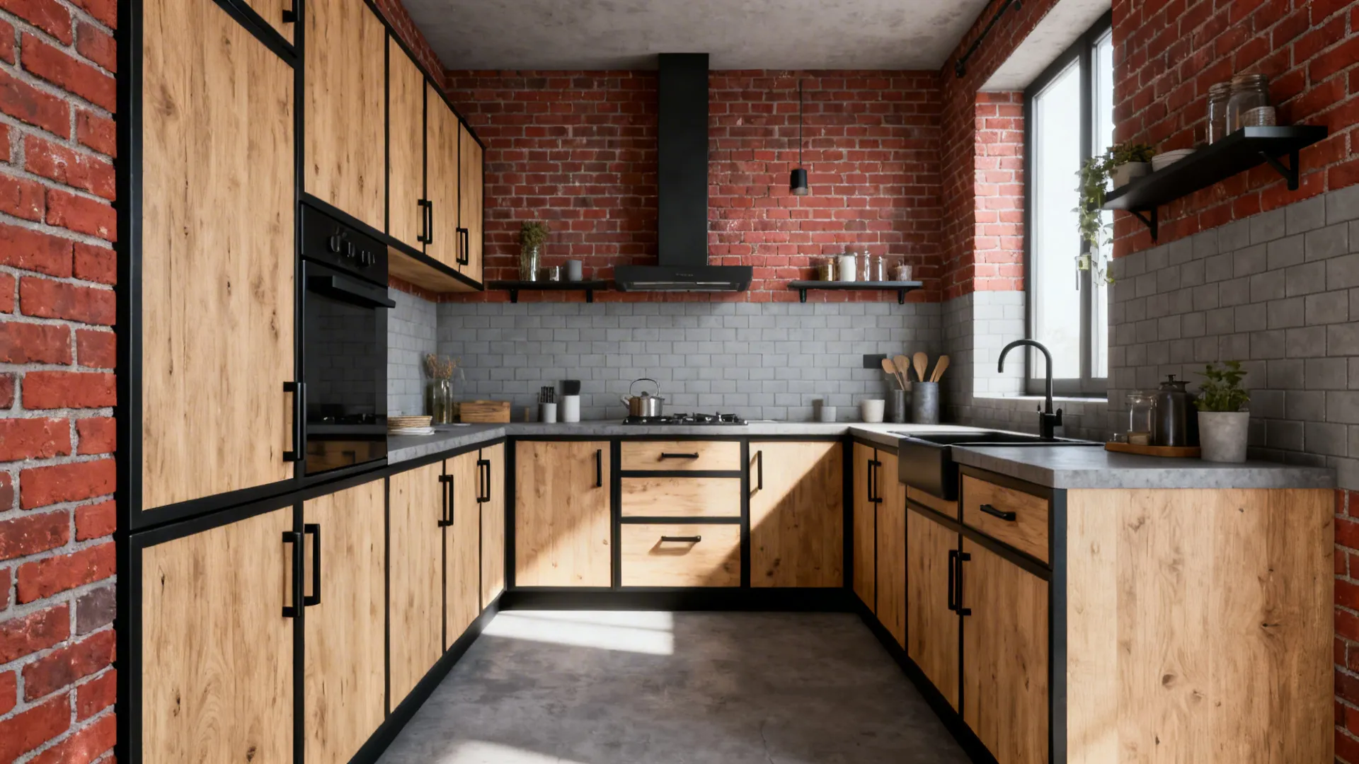 Small modern industrial kitchen with red brick tiles, light oak cabinets, and matte black hardware.