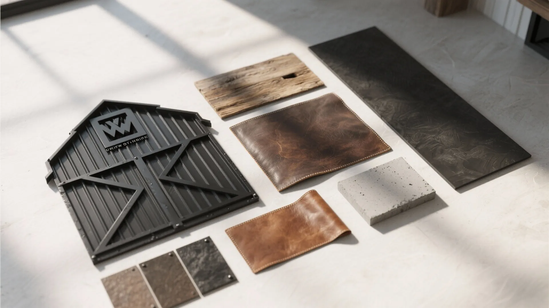 Mood board showing wood samples leather swatches concrete block and metal panels for interior design project