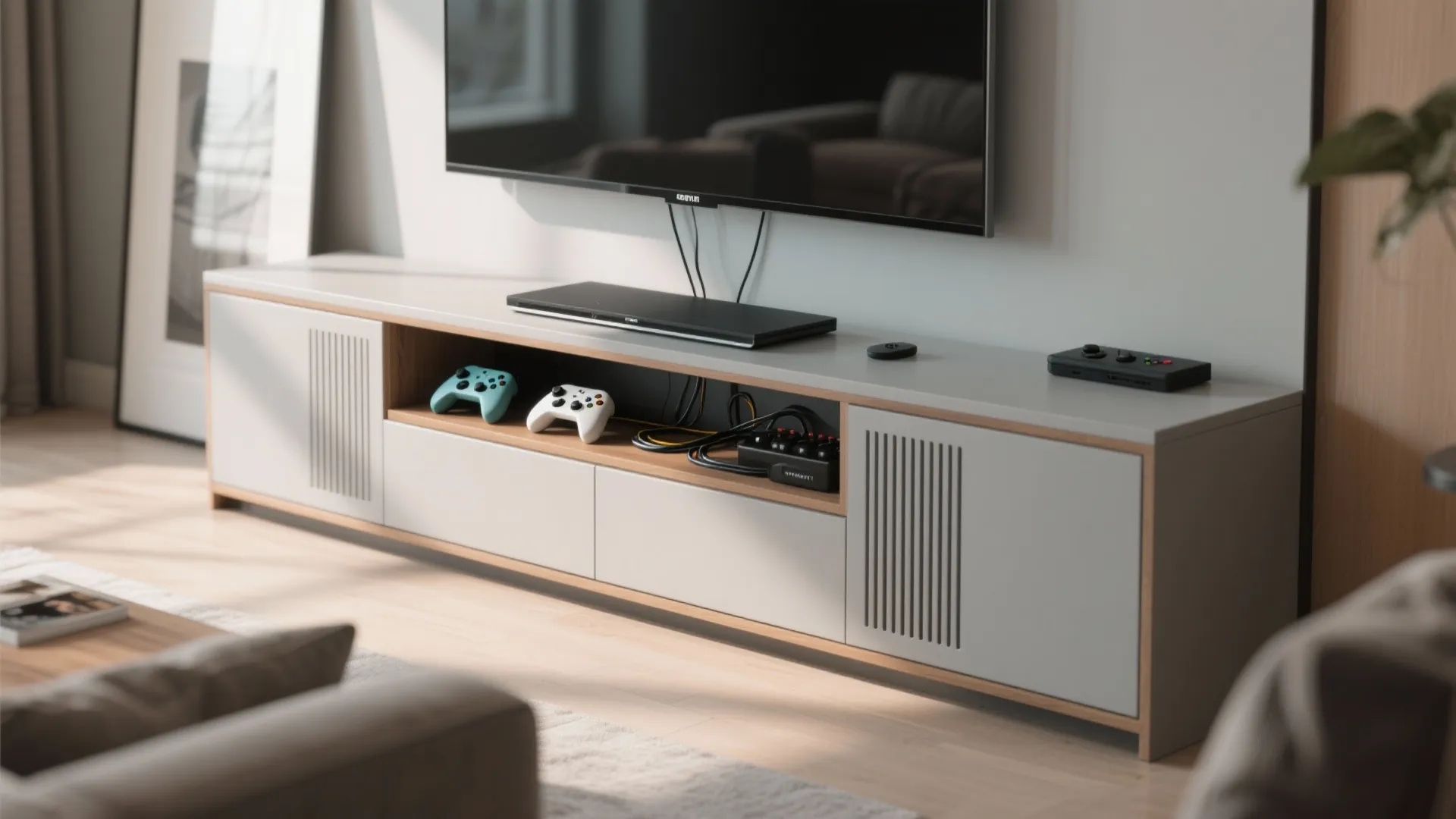 Modern integrated unit with storage and screens