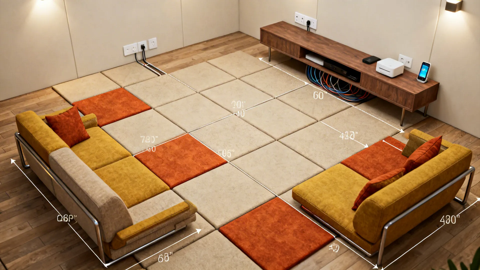 Top-down floor plan mockup showing modular seating and hidden cord channels for modern 70s living room.