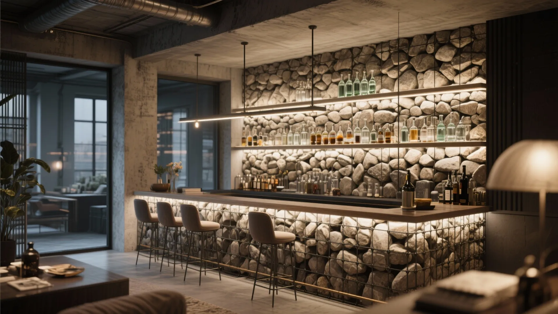 Modern bar area with stone wall glass bottles on shelves four stools and warm ceiling light