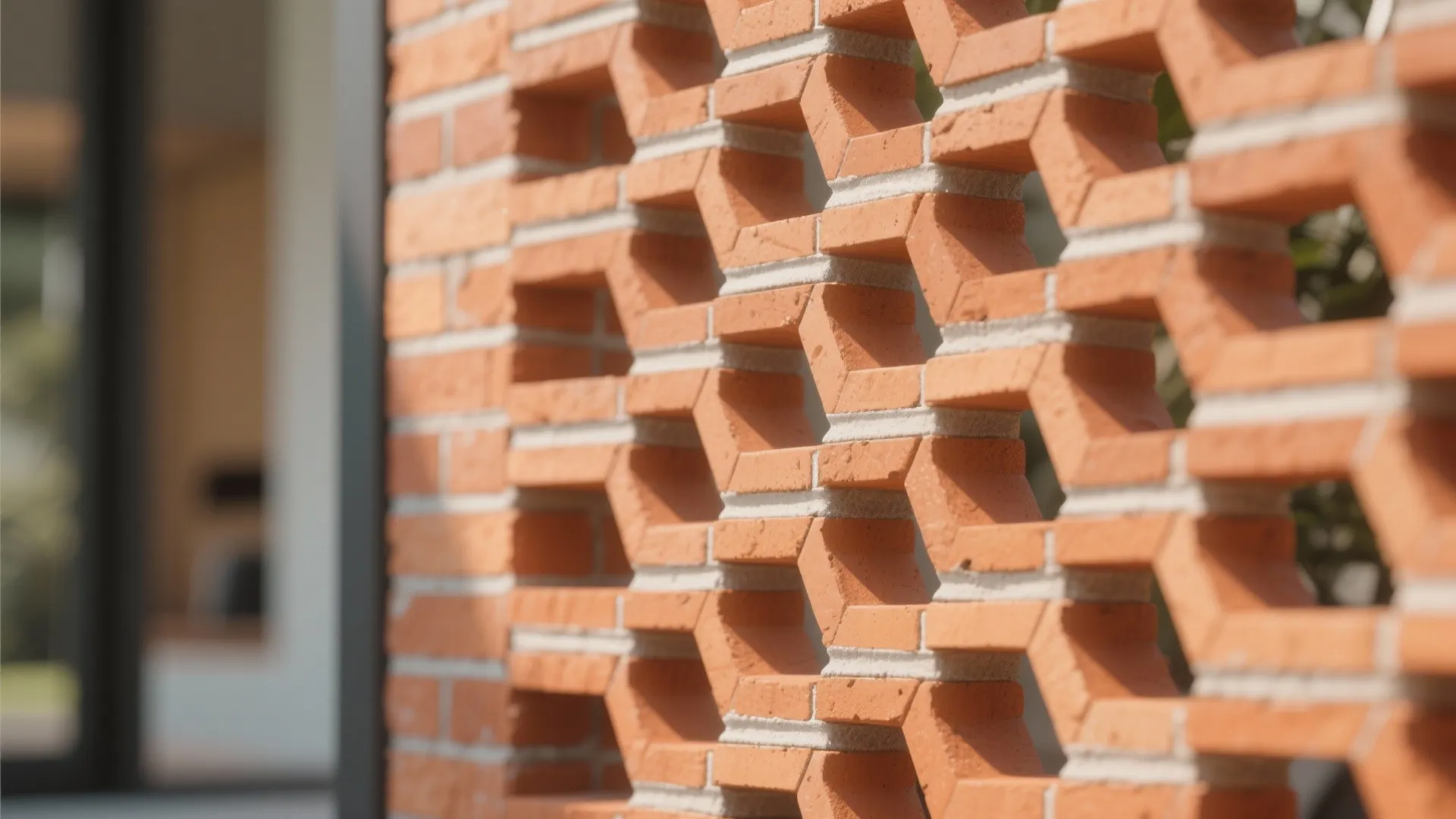 Close up view of a red brick wall with a hollow geometric pattern and sunlight