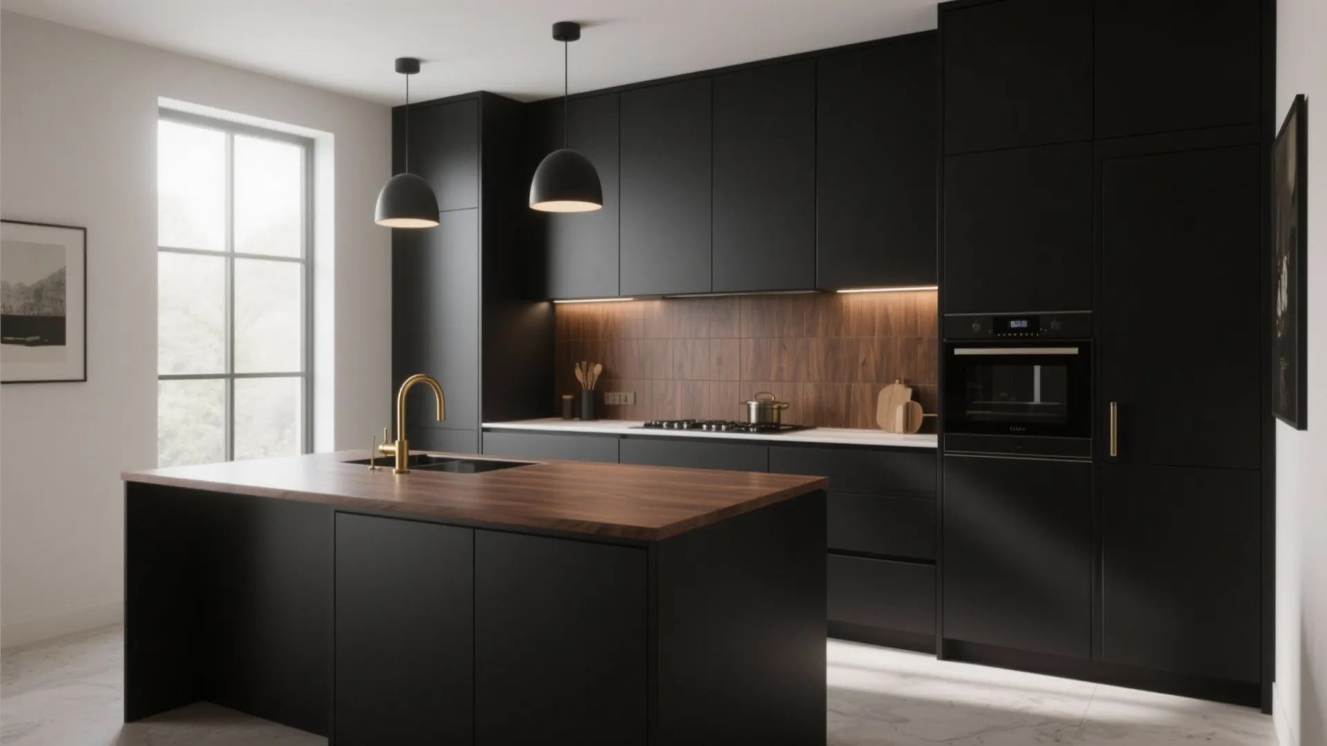 Modern kitchen with black cabinets, wood island, wood backsplash, two black ceiling lights, and window