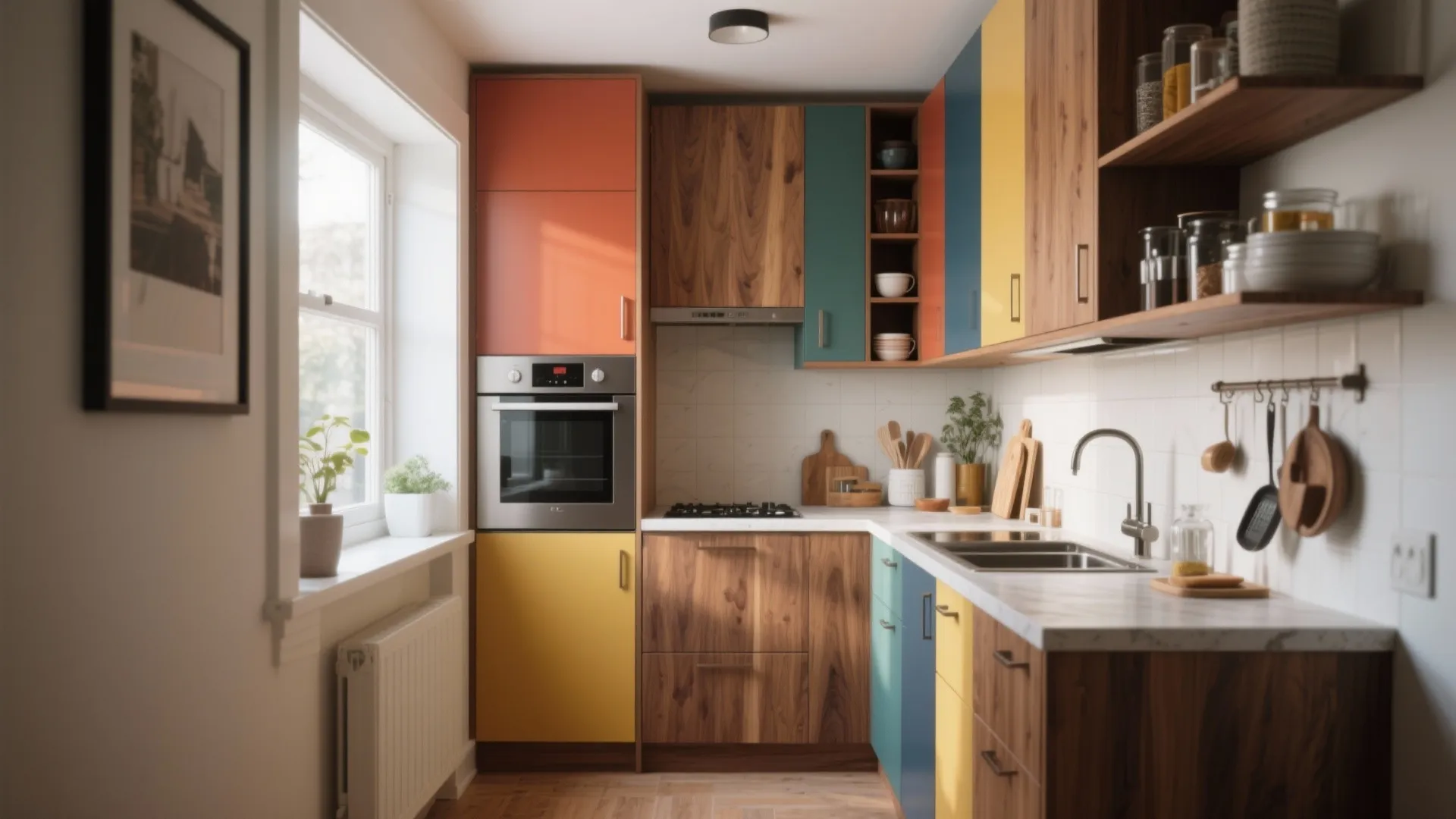 Small kitchen with colorful cabinet doors in yellow blue and orange mixed with wood textures