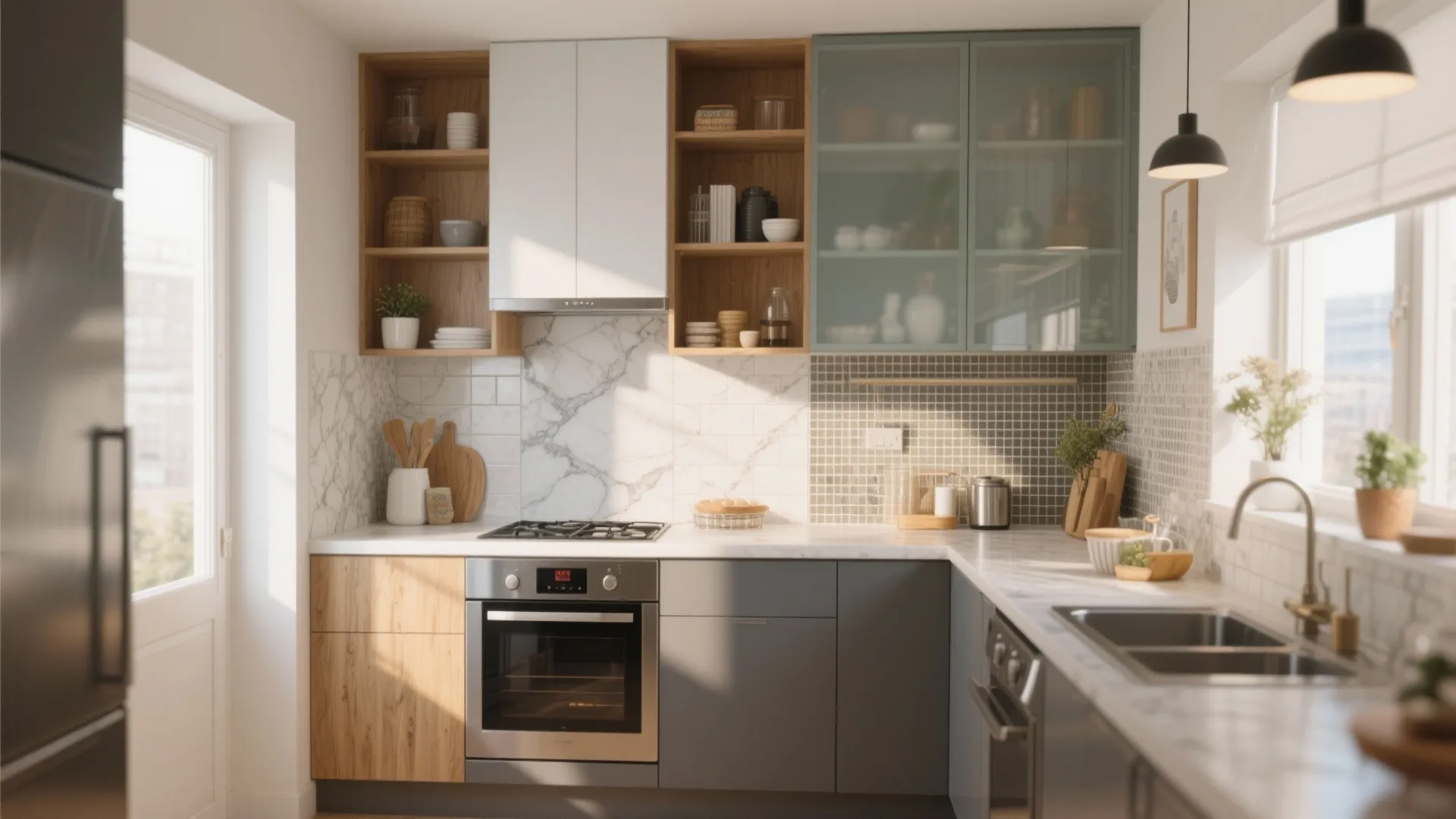 Modern kitchen with marble and tile walls featuring grey cabinets wooden shelves and ceiling lights